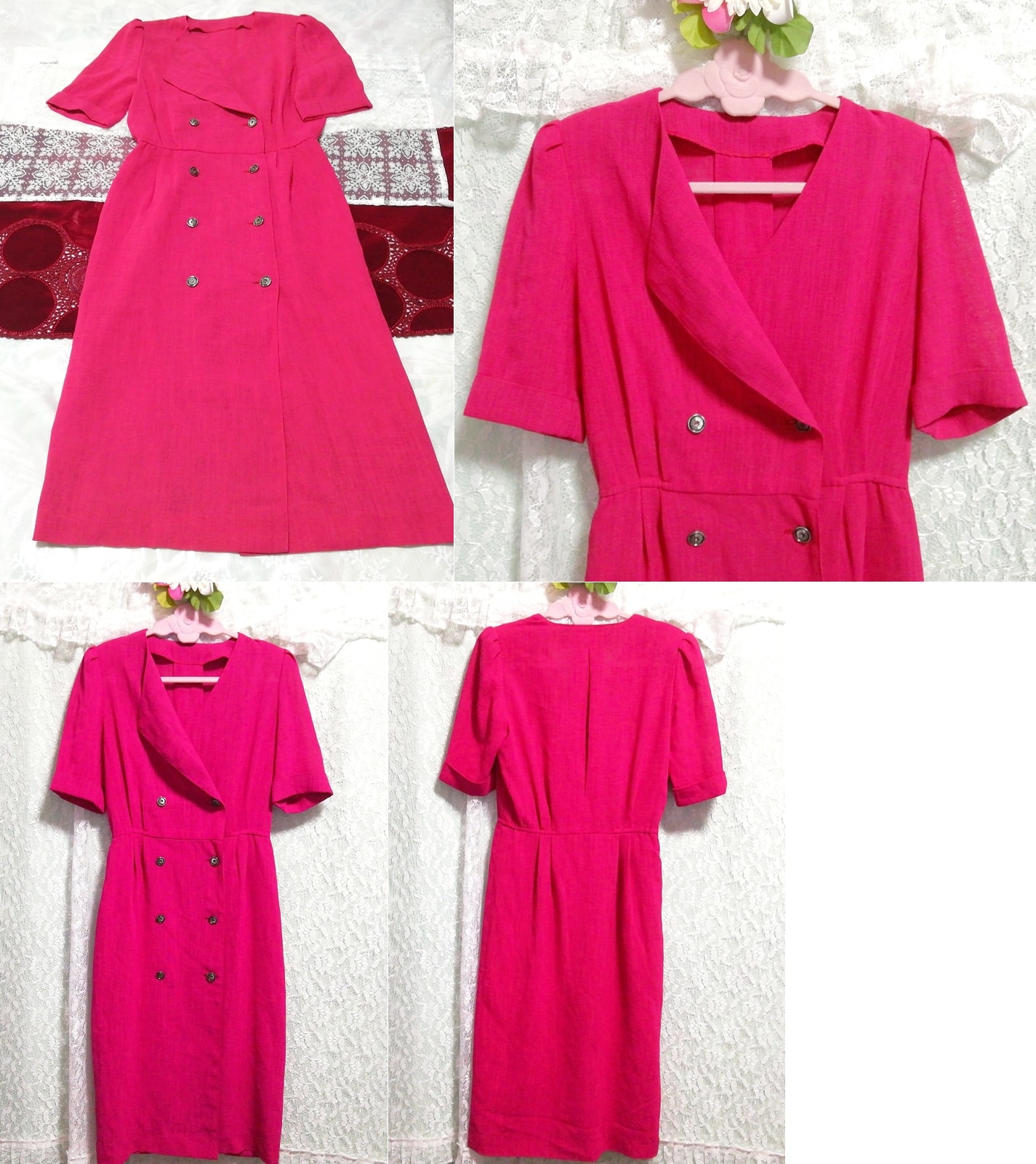マゼンタピンク赤羽織カーディガンネグリジェワンピース Magenta pink red cardigan negligee dress, チュニック, 半袖, Mサイズ