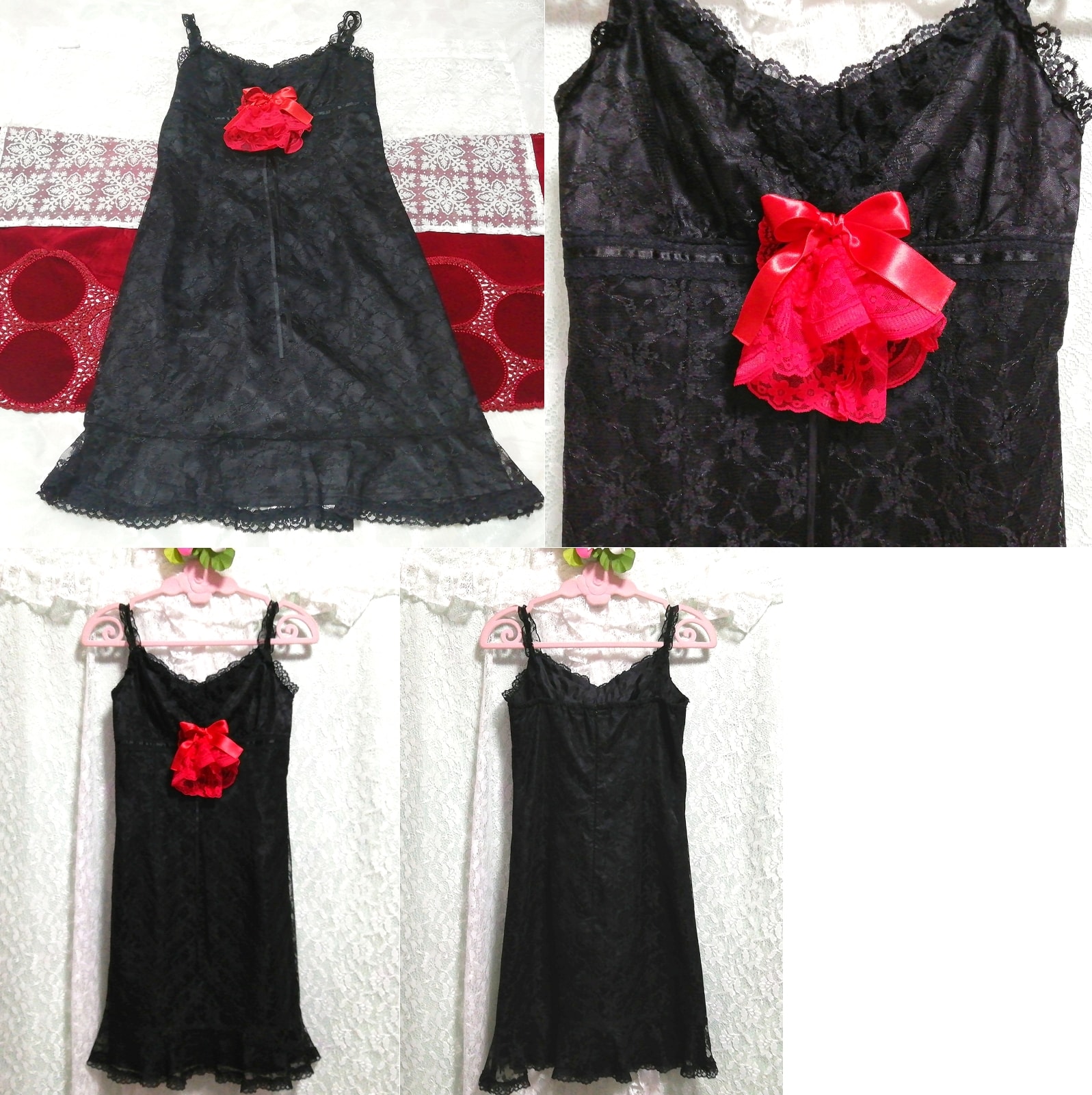 赤薔薇コサージュ黒花柄レースキャミソールネグリジェドレス Red rose corsage black flower pattern lace camisole negligee dress, ファッション, レディースファッション, キャミソール