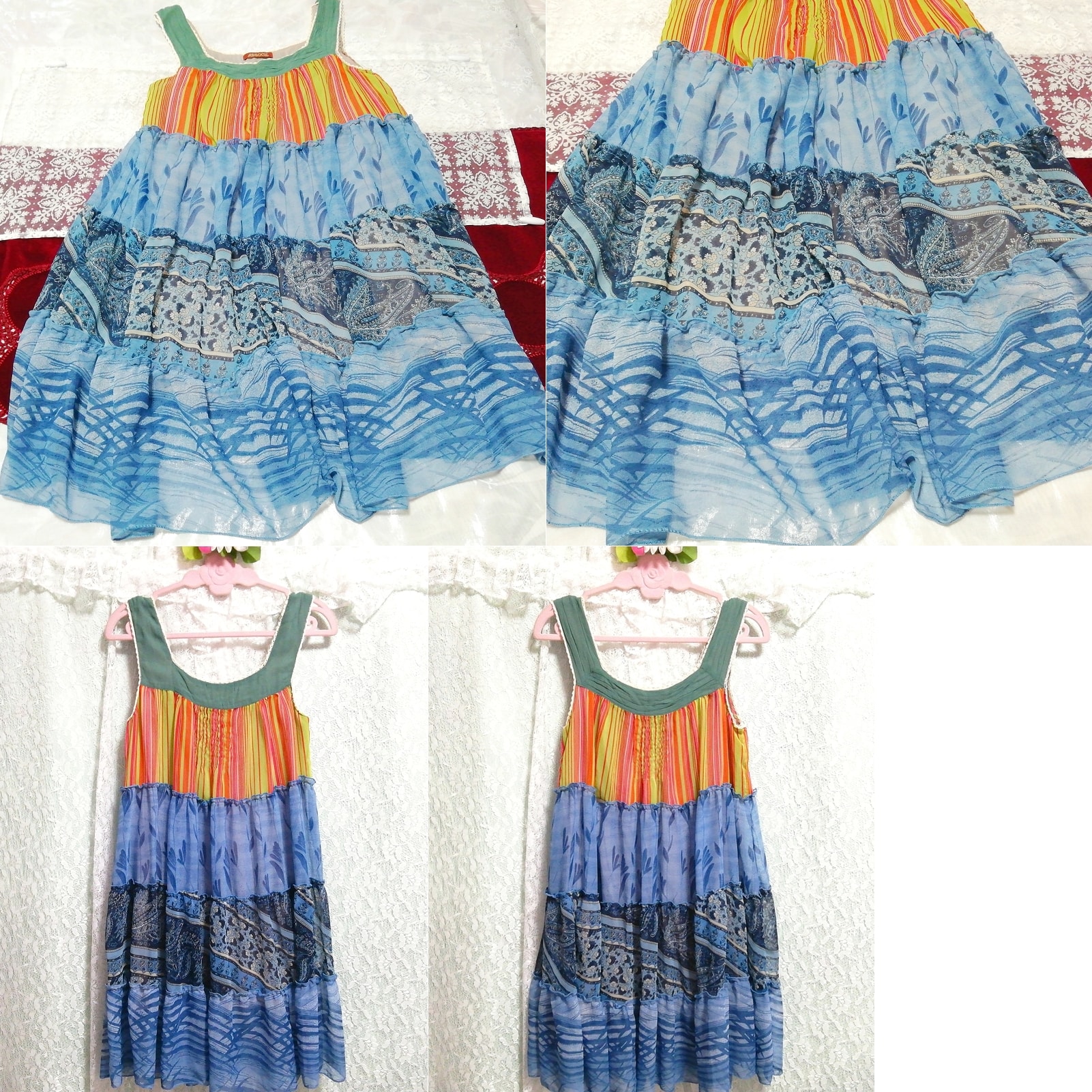 Green orange blue ethnic chiffon sleeveless negligee nightgown dress, knee length skirt, m size