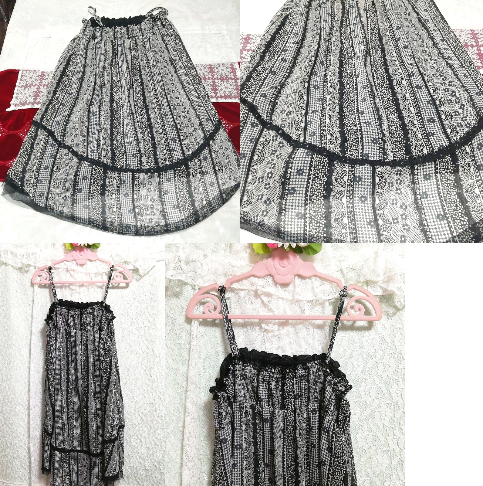 Black and white floral pattern chiffon negligee nightgown nightwear camisole dress, fashion, ladies' fashion, camisole