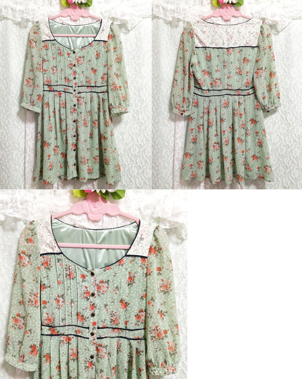 Green floral pattern chiffon long sleeve tunic negligee nightgown nightwear dress, tunic, long sleeve, m size