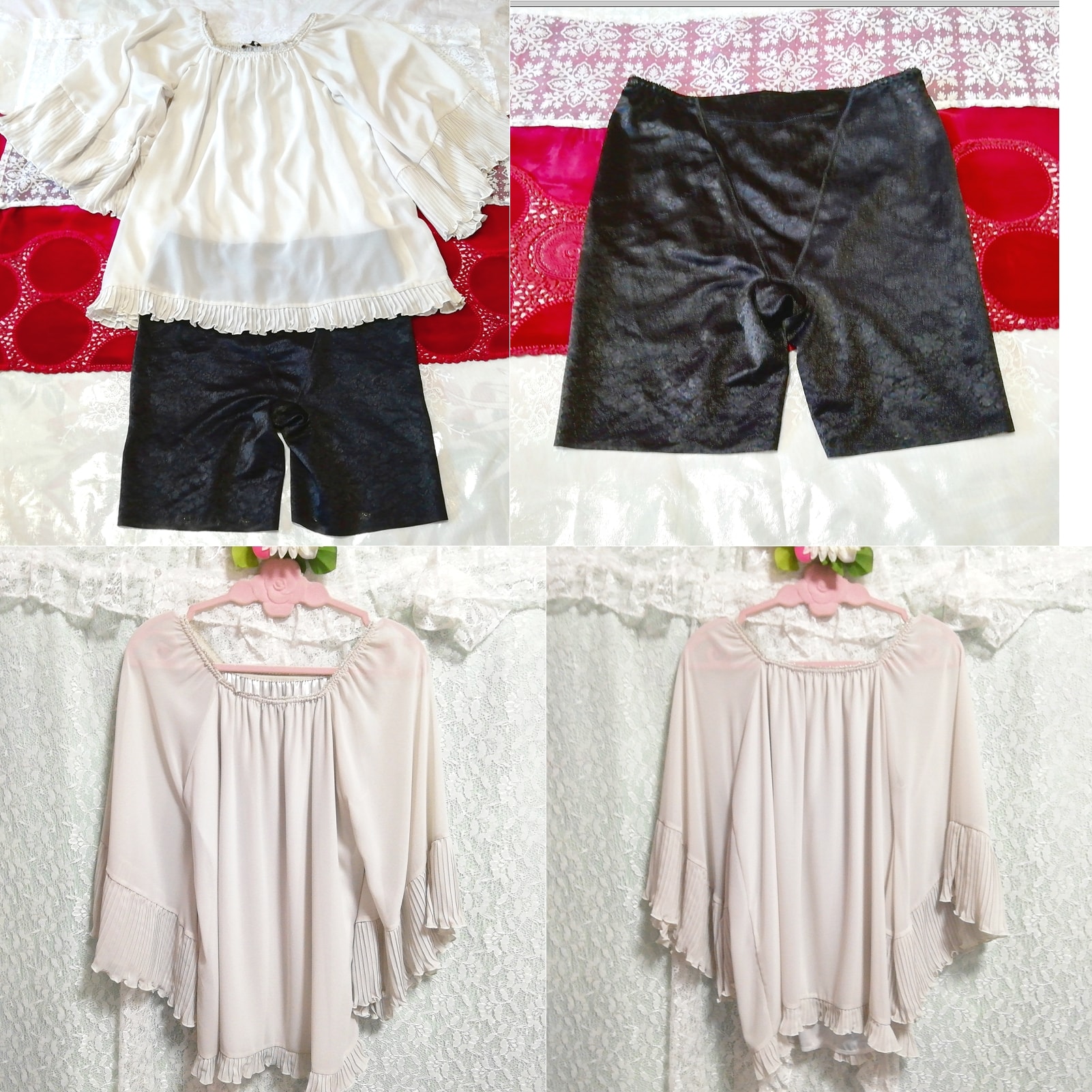 Graues Chiffon-Poncho-Tunika-Negligé-Nachthemd, schwarze glänzende Gamaschen, 2 Stück, Mode, Frauenmode, Nachtwäsche, Pyjama