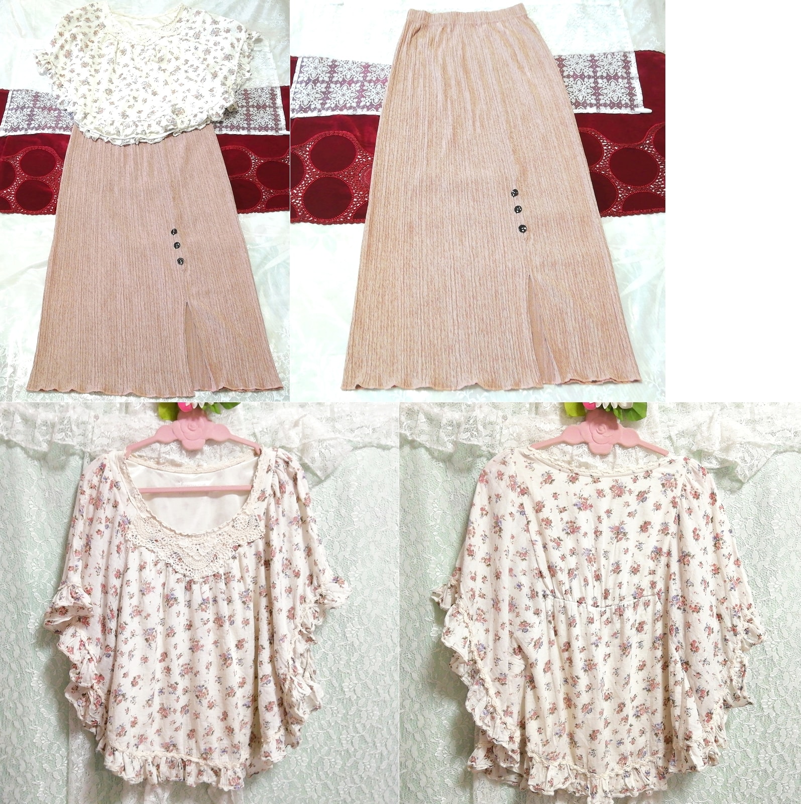 White cotton floral pattern poncho tunic negligee nightgown pink beige maxi skirt 2P, fashion, ladies' fashion, nightwear, pajamas