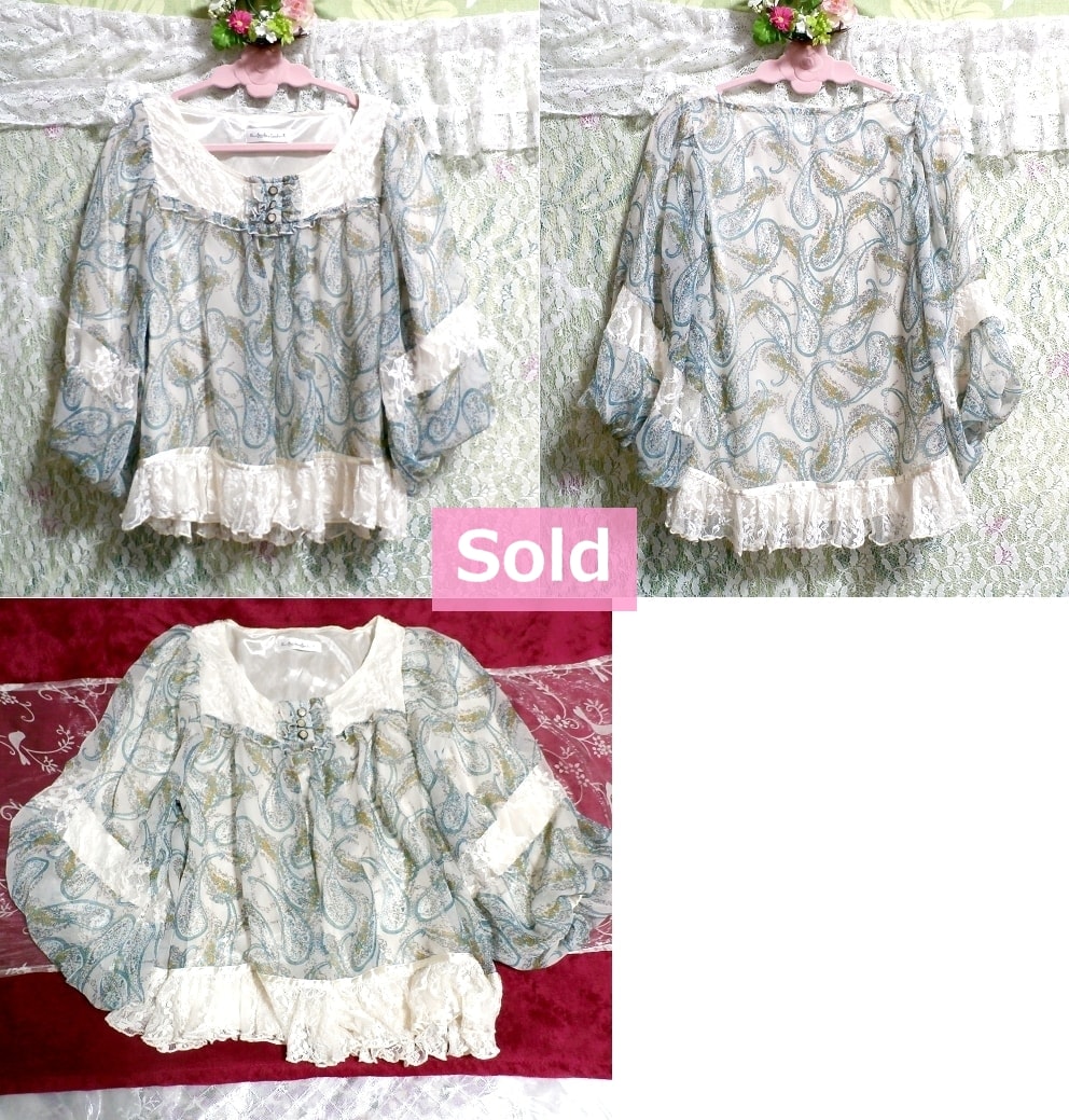 Light blue ethnic pattern white lace chiffon tunic / tops