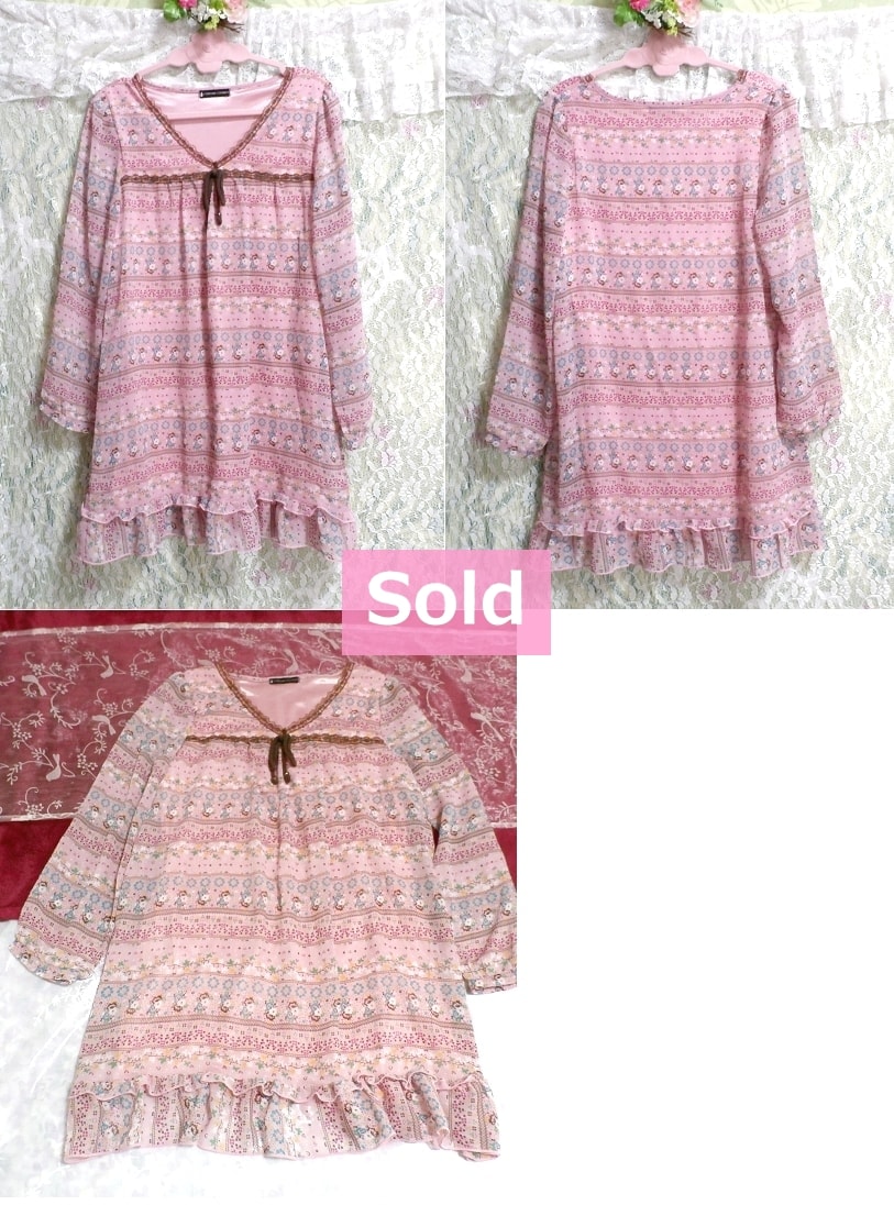 Girly pink floral pattern brown string tunic / tops, tunic & long sleeves & medium size