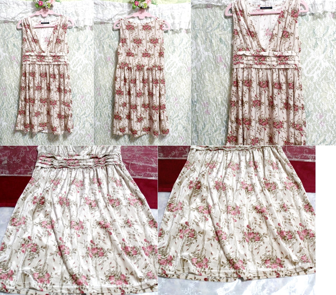 亜麻色ベロア花柄Vネックノースリーブネグリジェワンピースチュニック Flax color velor flower pattern negligee mini skirt dress, ワンピース, ミニスカート, Mサイズ