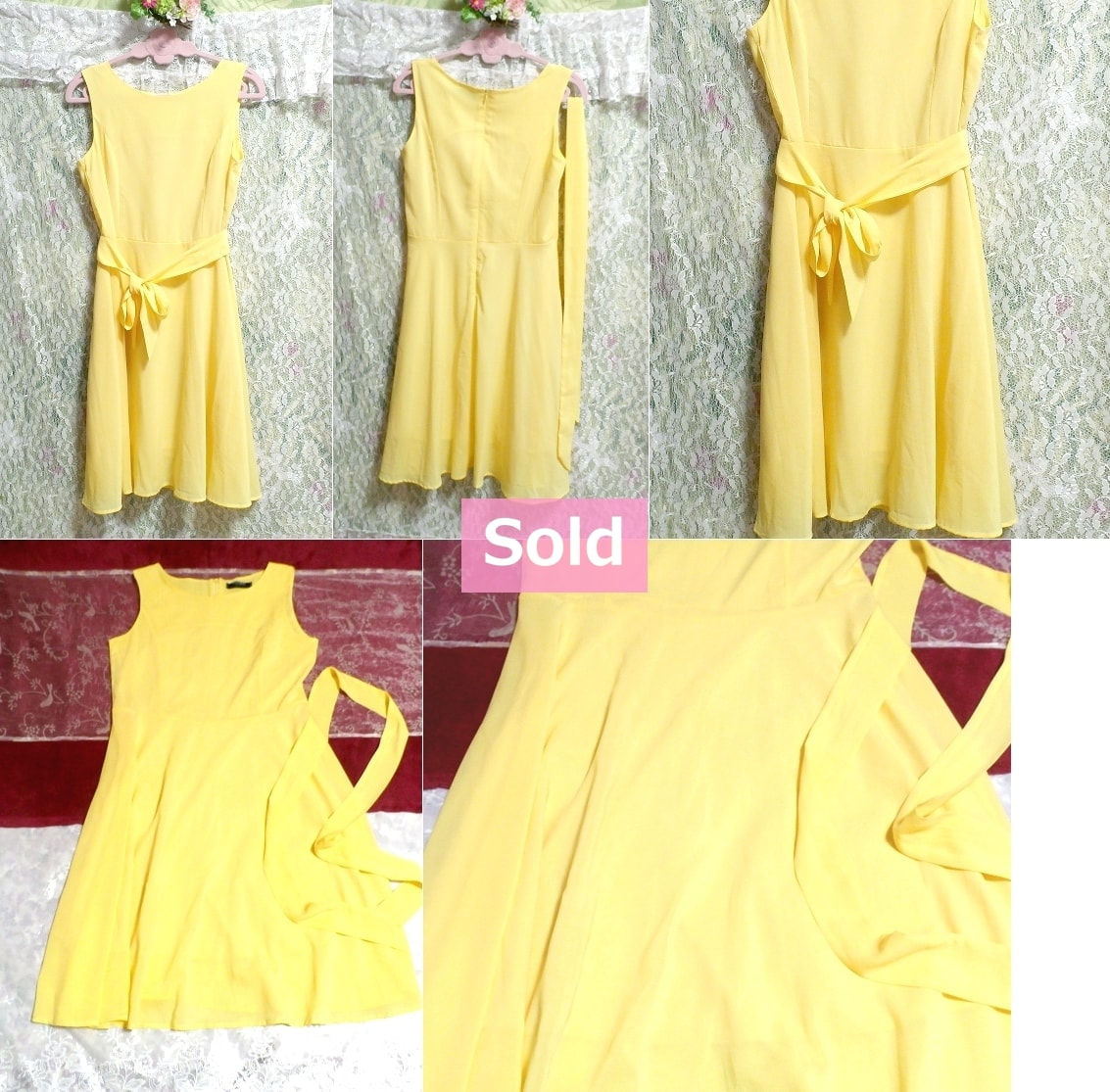 Yellow chiffon sleeveless skirt with waist strap one piece