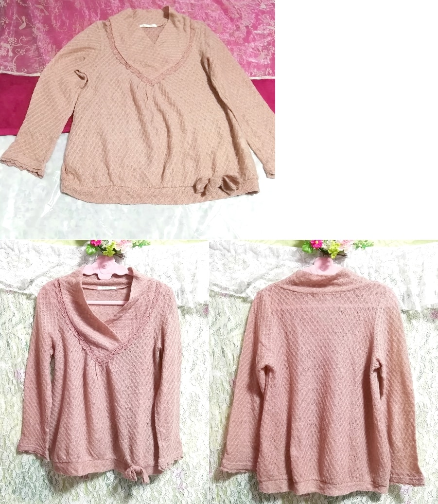 Pink beige thin ribbon cut and sewn long sleeve tops, knit, sweater, long sleeve, m size