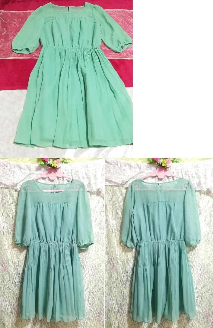 緑グリーンシフォンネグリジェチュニックワンピース Green chiffon negligee tunic dress, ワンピース, ひざ丈スカート, Mサイズ