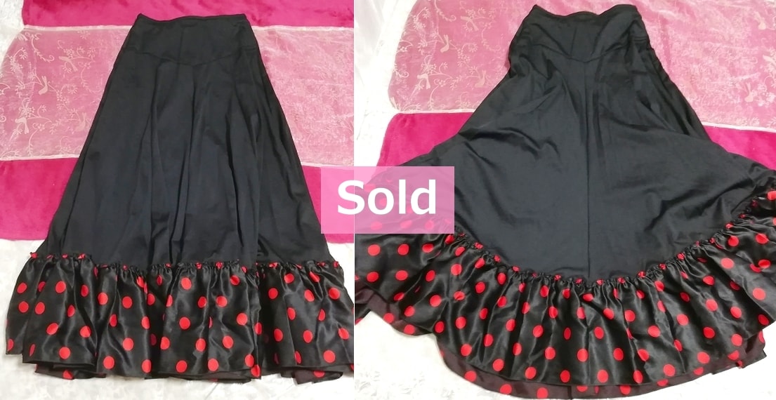 黒赤水玉光沢サテンフレアロングマキシスカート Black red polka dot gloss satin flare long maxi skirt