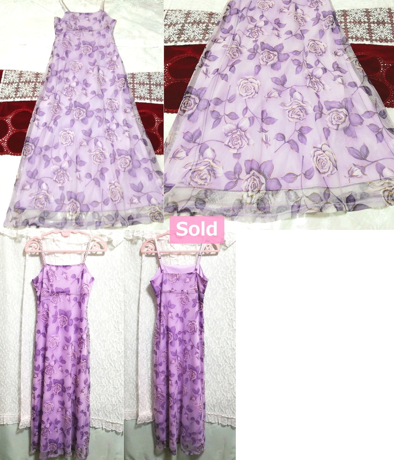 紫色玫瑰蕾丝睡衣吊带背心娃娃装连衣裙超长连衣裙, 时尚, 女士时装, 吊带背心