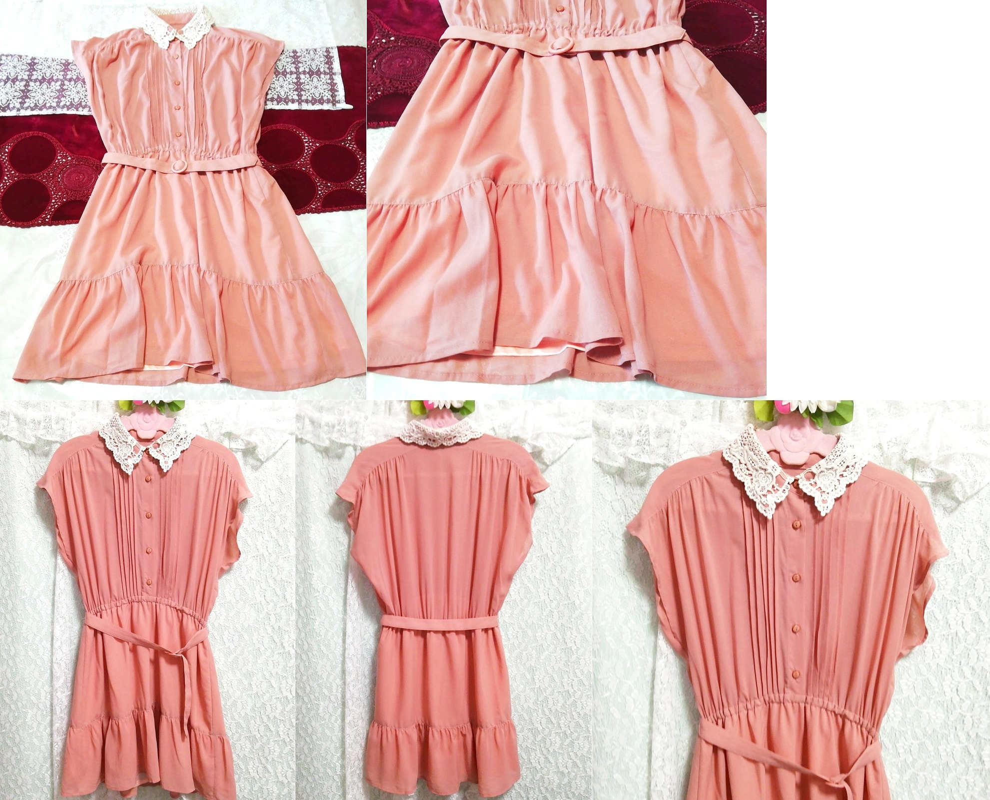 Pink beige white lace collar chiffon shirt tunic negligee nightgown dress, tunic, sleeveless, sleeveless, m size
