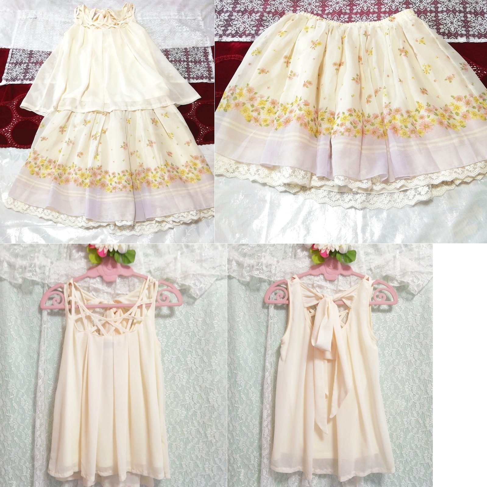Floral white chiffon tunic negligee nightgown nightwear floral pattern skirt 2P, fashion, ladies' fashion, nightwear, pajamas