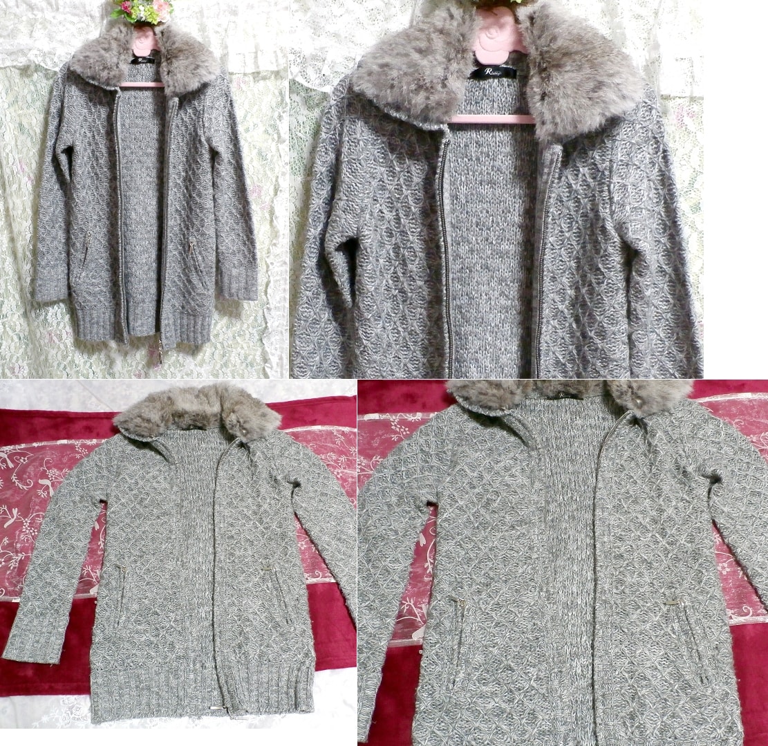 Graue Cardigan-Oberbekleidung im Pelzpullover-Stil mit Kaninchenfellkragen, Frauenmode, Strickjacke, Größe m