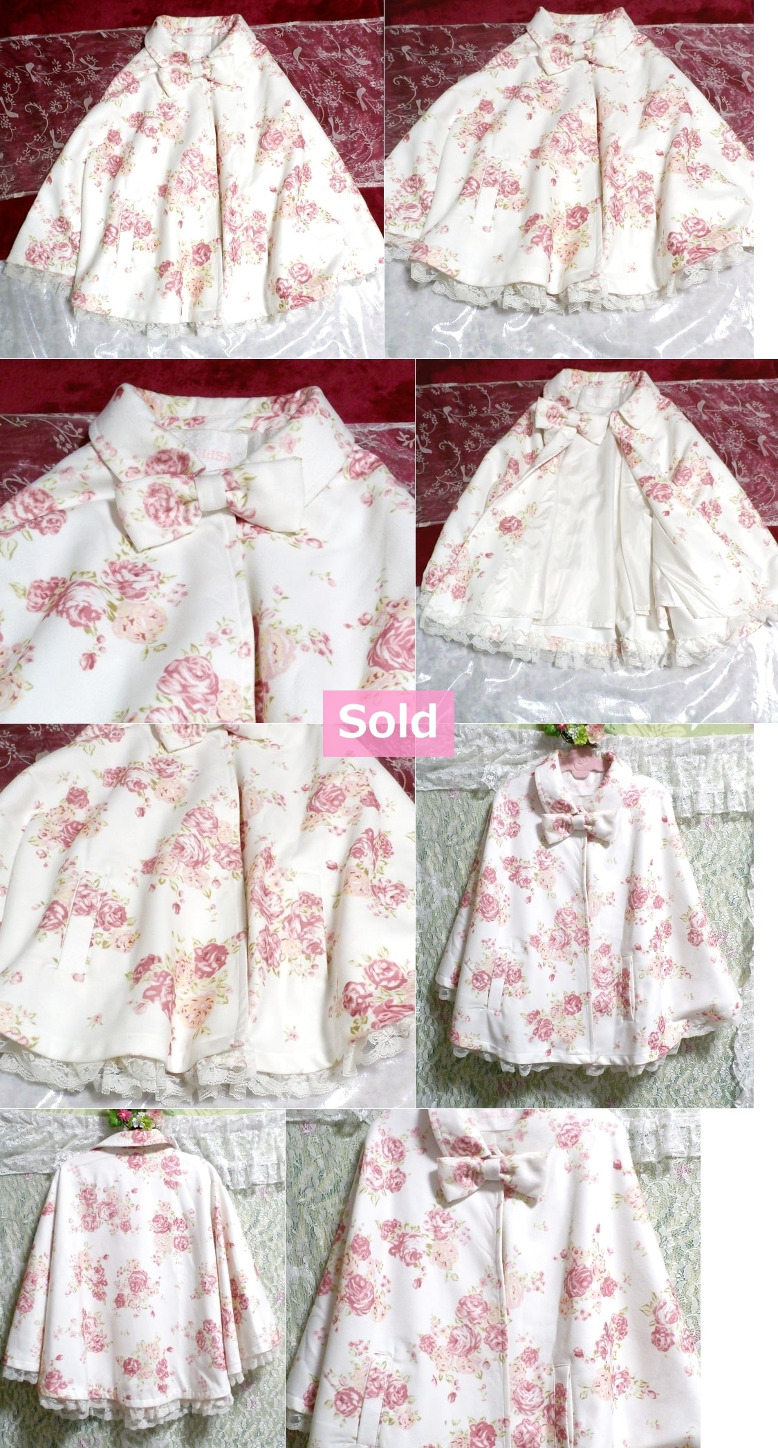 LIZ LISA White floral pattern ribbon poncho coat / tops