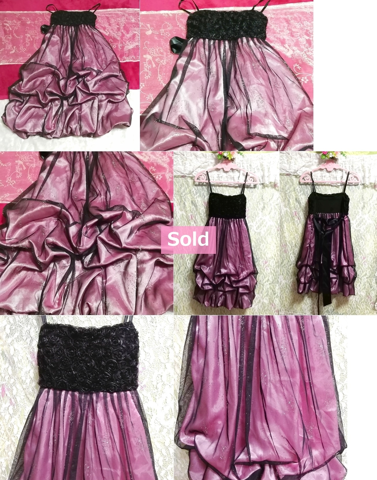 紫パープル黒トップスレースキャミソールワンピースドレス Purple black tops lace camisole onepiece dress