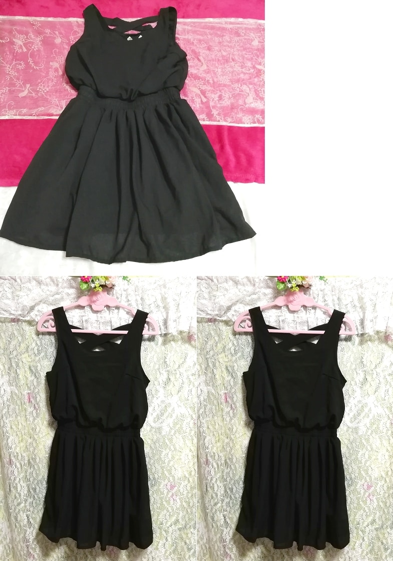 فستان تونيك من الشيفون الأسود بدون أكمام, تنورة قصيرة, حجم م