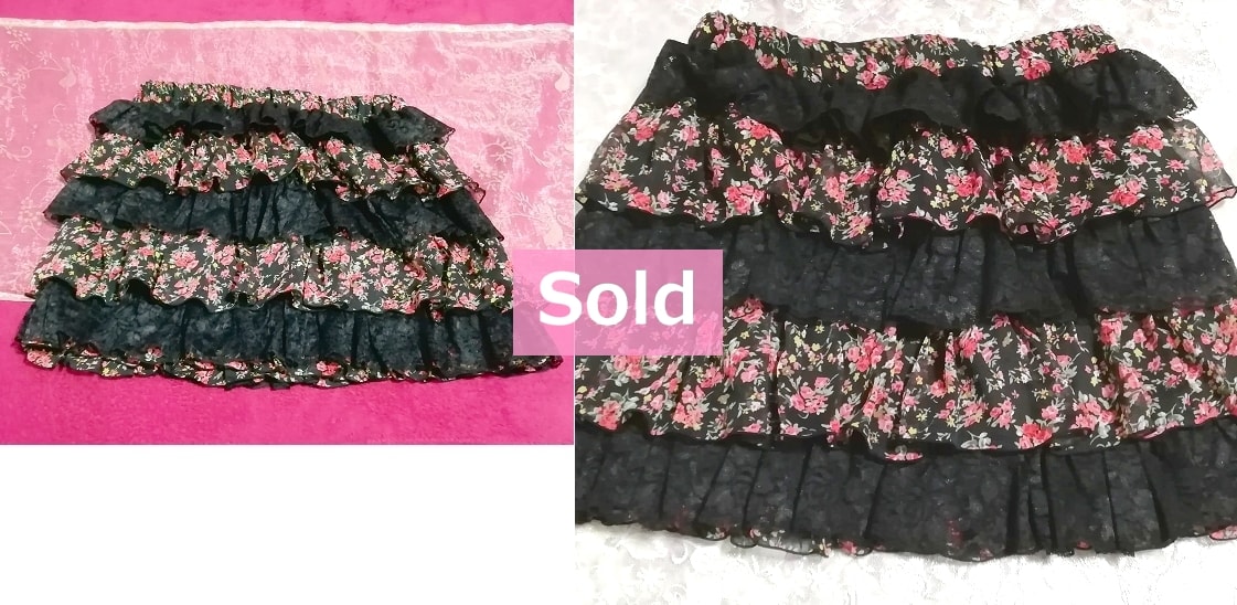 Black lace flower pattern chiffon frill mini skirt