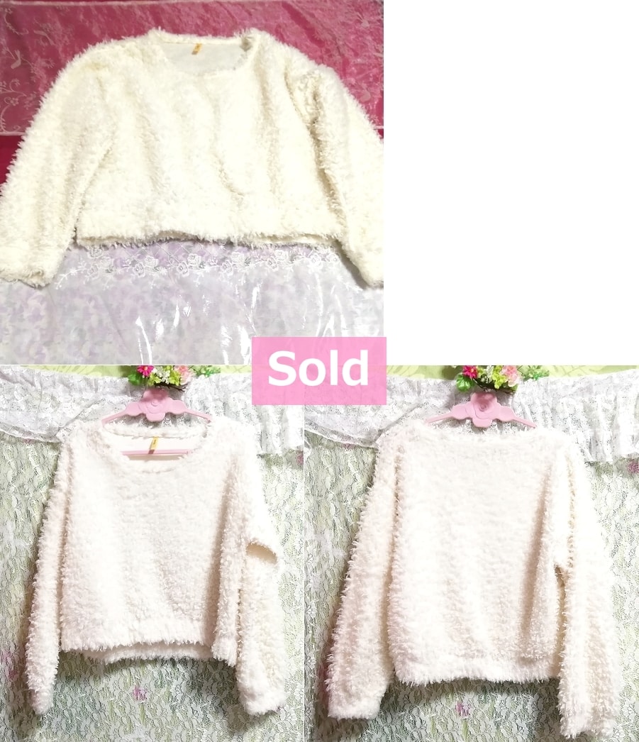 Tops de punto de suéter de manga larga esponjosos blancos, tejer, suéter, manga larga, talla l