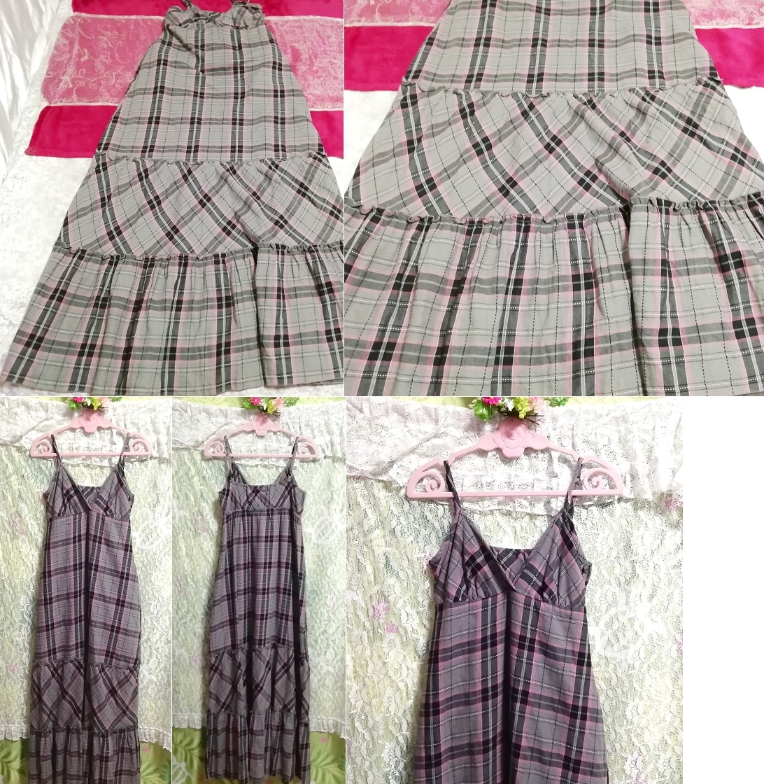 Серое, черно-розовое клетчатое хлопково-хлопковое пеньюар, ночная рубашка, камзол, макси-юбка, платье, длинная юбка, размер м