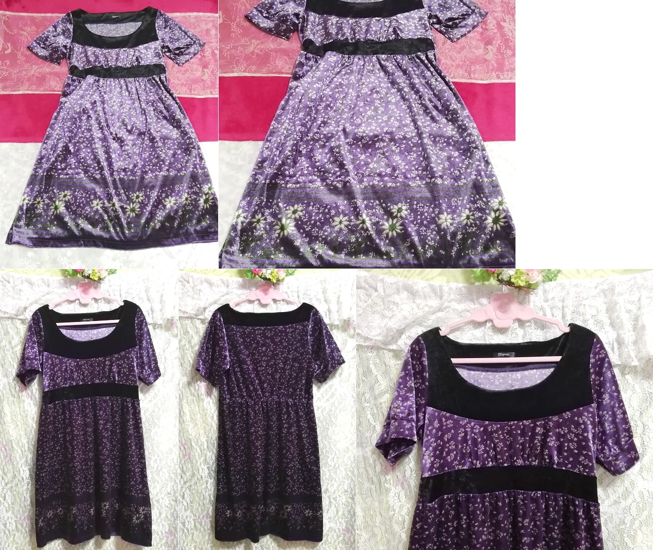 紫色丝绒花卉印花短袖睡衣睡袍束腰连衣裙, 迷你裙, 尺寸