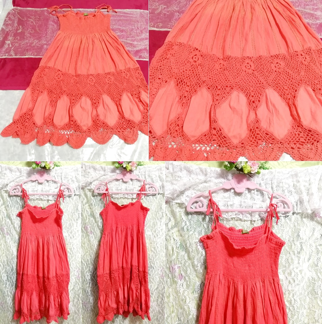 インド製赤ピンク綿コットン100%ネグリジェキャミソールワンピース Made in India red pink cotton 100% negligee camisole dress, ワンピース, ひざ丈スカート, Mサイズ