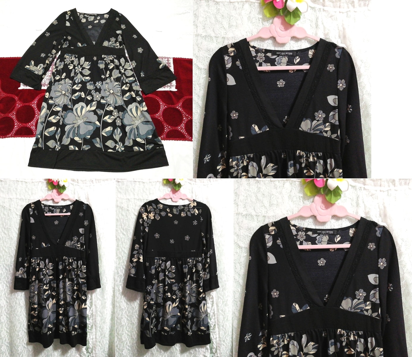 黒花柄Vネックネグリジェチュニックワンピース Black floral V-neck negligee tunic dress, チュニック, 長袖, Mサイズ