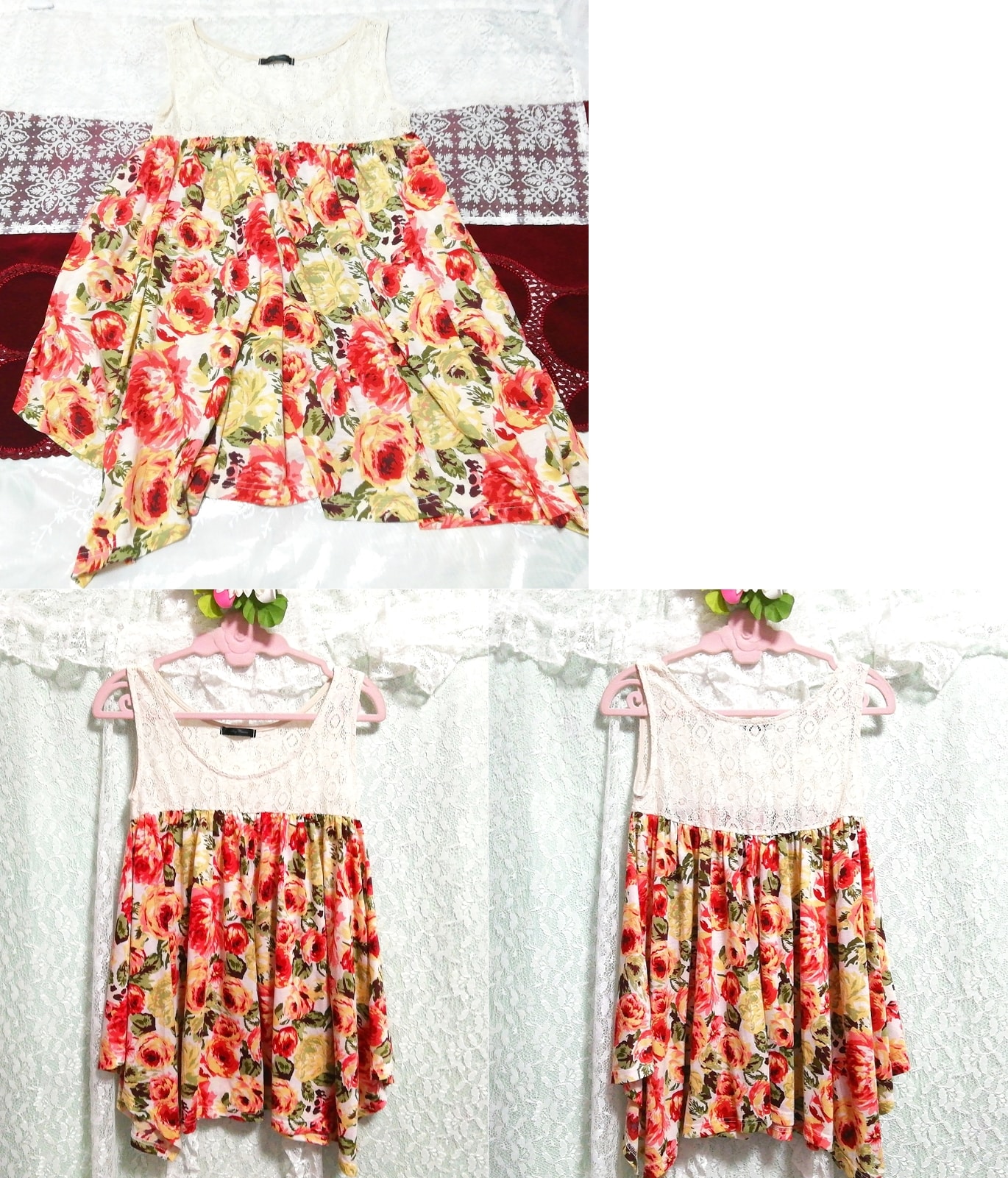 White lace red green floral pattern miniskirt negligee nightgown dress, tunic, sleeveless, sleeveless, m size