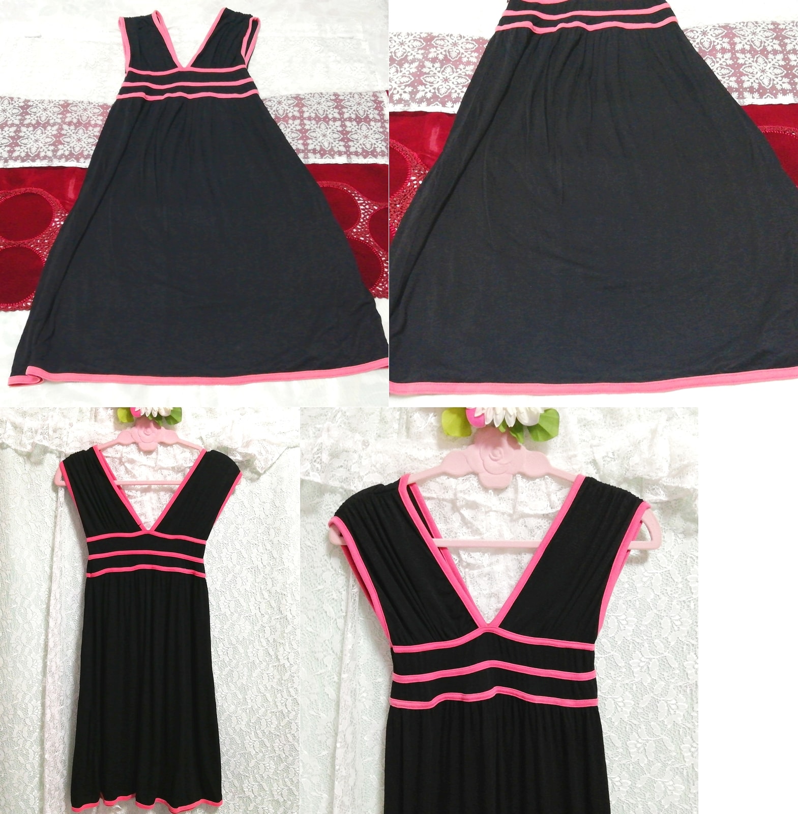 블랙 핑크 민소매 네글리제 나이트가운 나이트웨어 하프 드레스, 무릎길이 스커트, m 사이즈