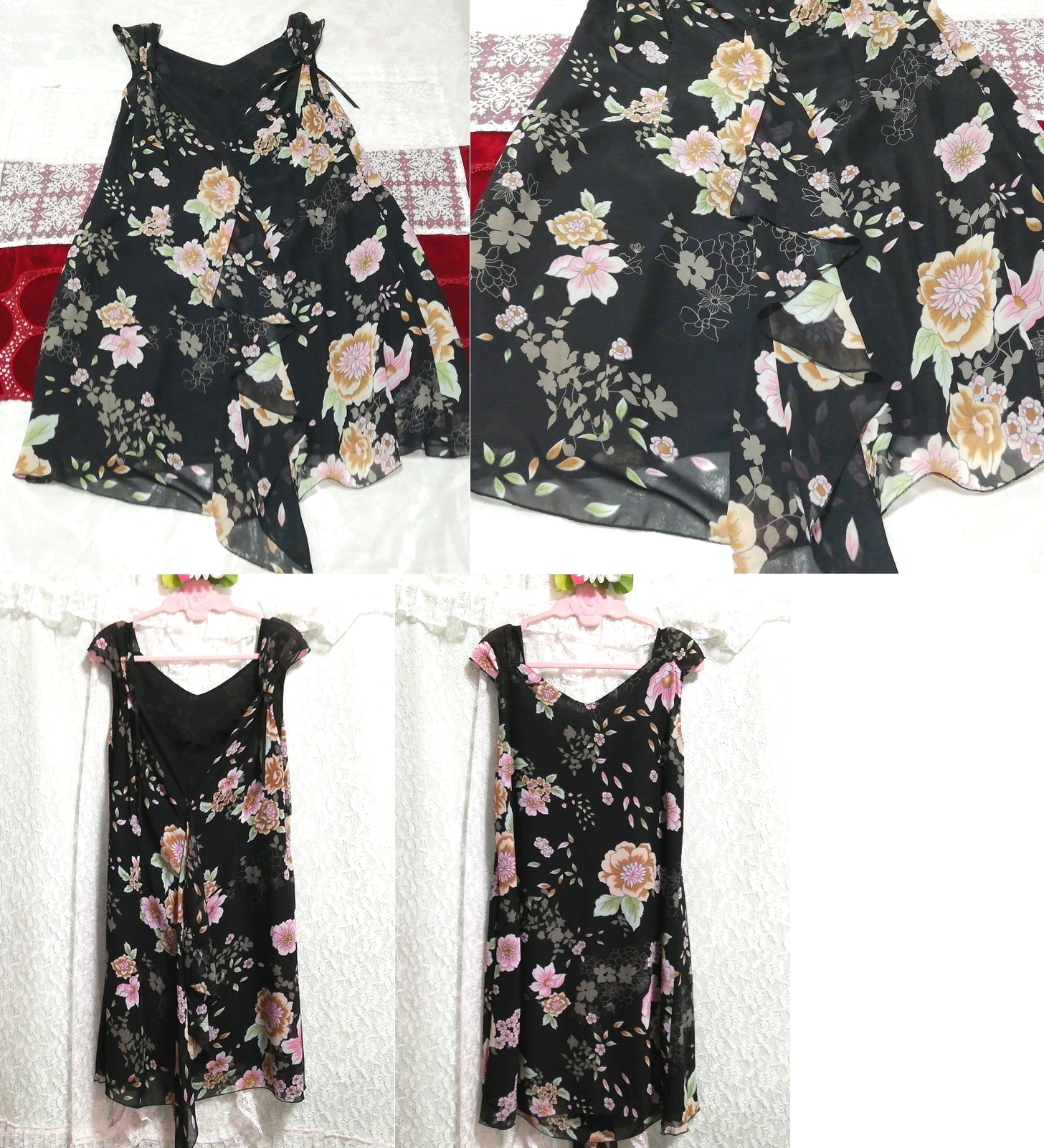 블랙 시폰 꽃무늬 리본 민소매 네글리제 나이트가운 나이트웨어 드레스, 무릎길이 스커트, m 사이즈