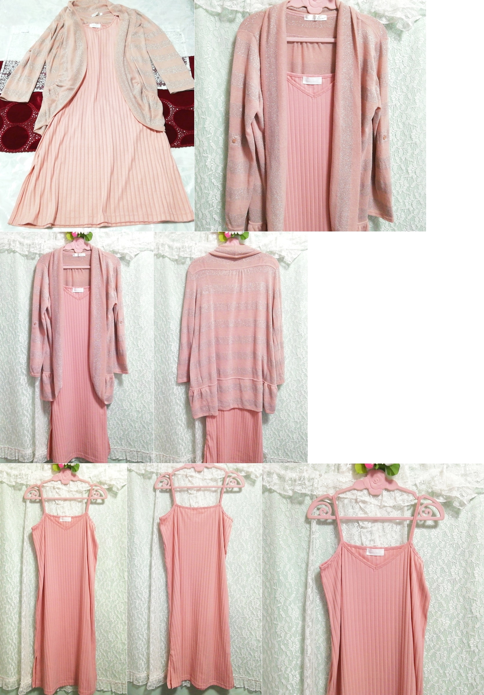 ピンクグレーラメ羽織 ネグリジェ ピンクプリーツキャミソール 2P Pink ash cardigan negligee pink pleated camisole dress, ファッション, レディースファッション, ナイトウエア、パジャマ