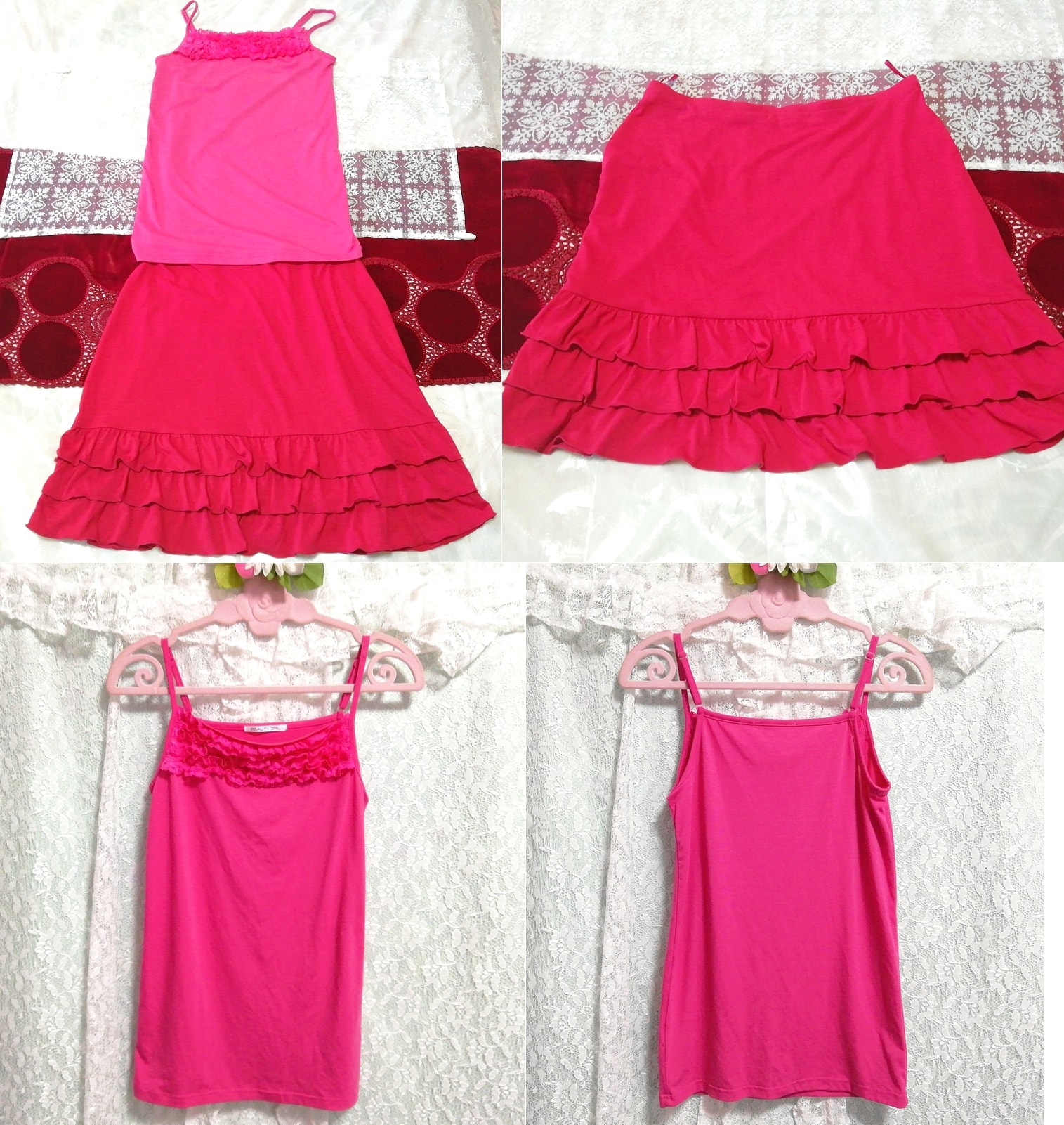 Pink lace camisole negligee nightgown red ruffle miniskirt 2P, fashion, ladies' fashion, nightwear, pajamas