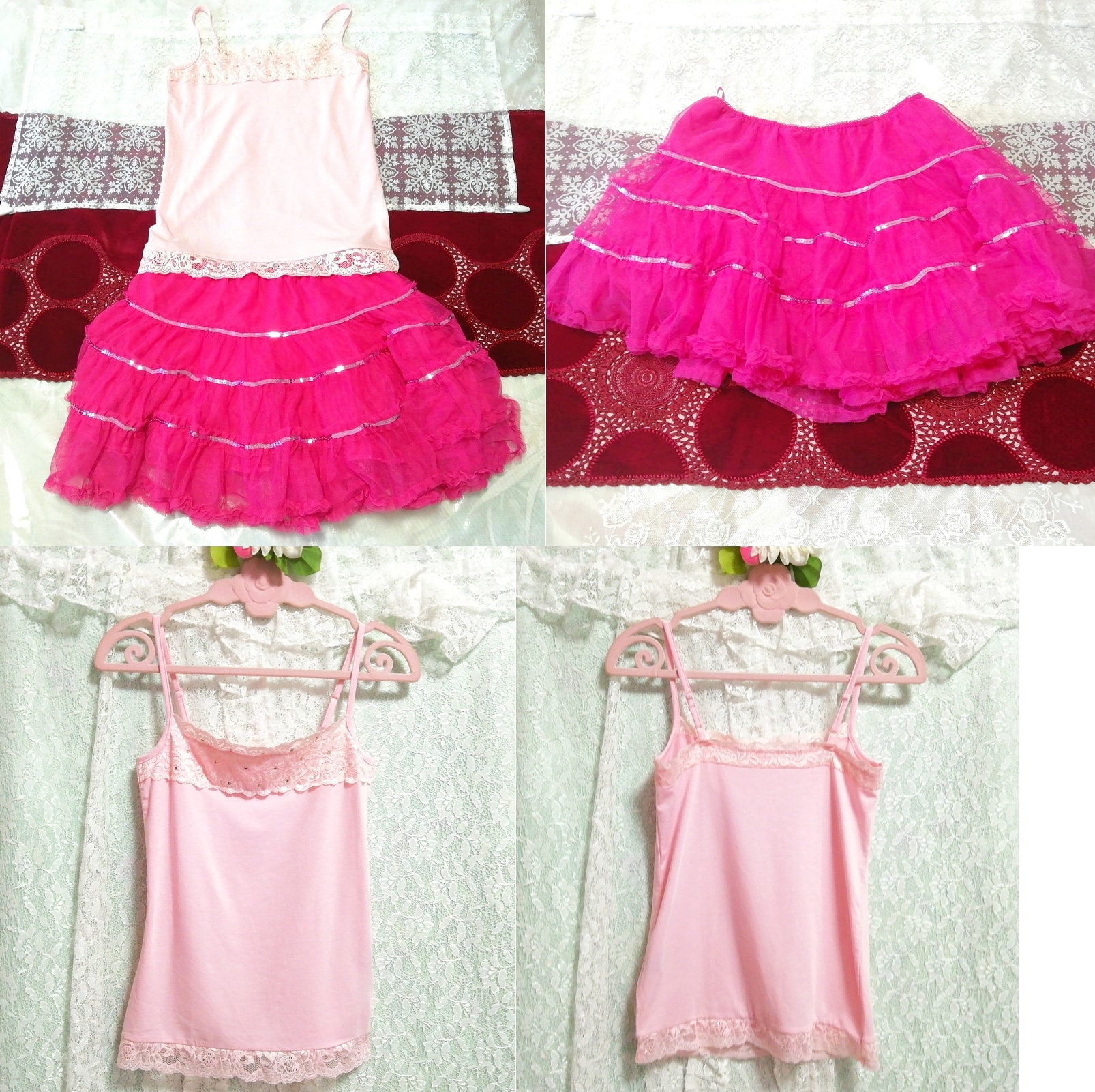Pink lace camisole negligee nightgown magenta tutu miniskirt 2P, fashion, ladies' fashion, nightwear, pajamas