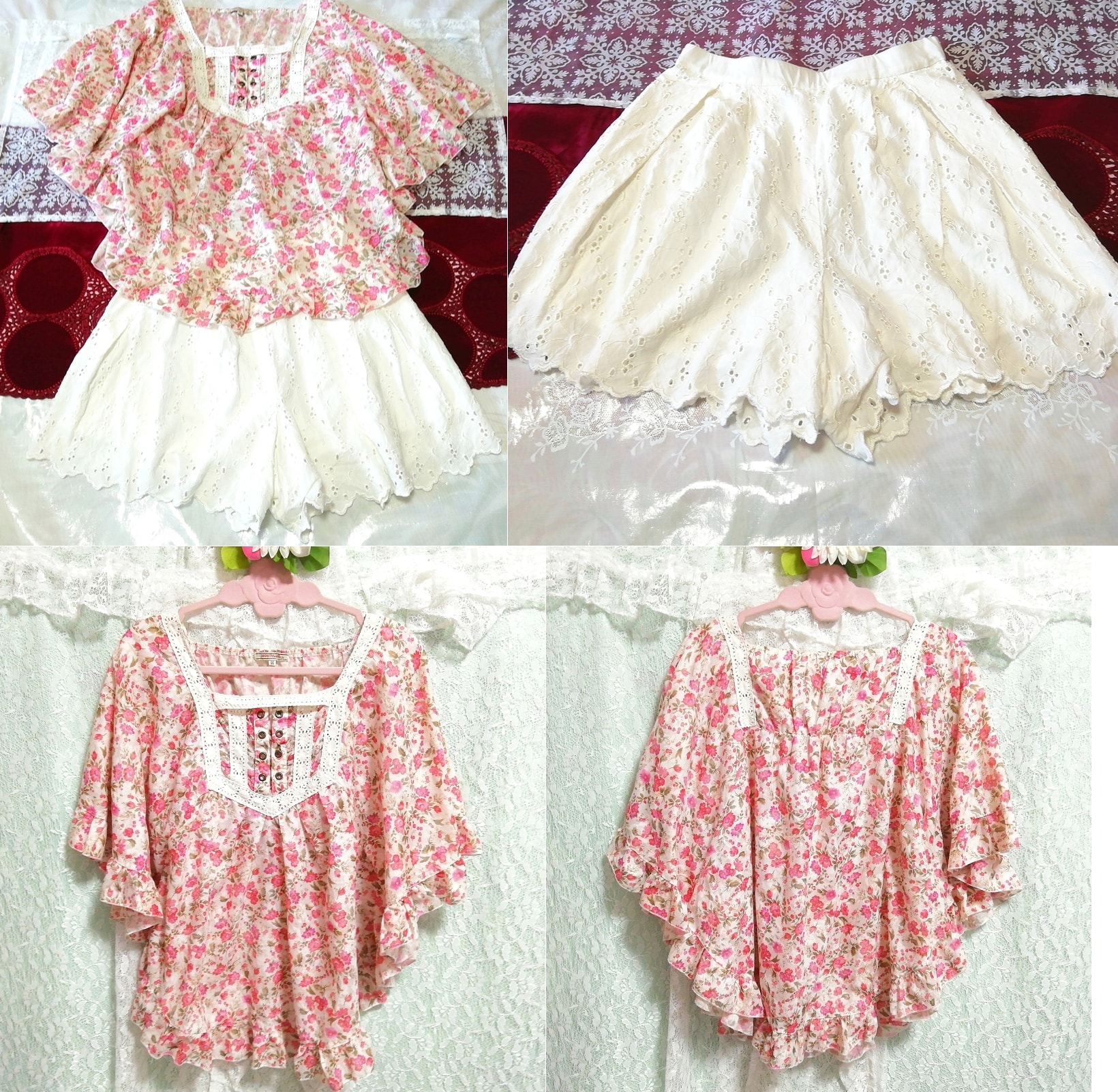 Poncho rose motif floral à volants tunique déshabillé chemise de nuit vêtements de nuit short blanc 2P, mode, mode féminine, vêtement de nuit, pyjamas