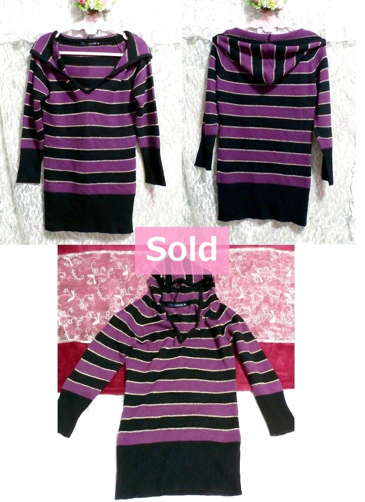 Purple and black striped striped sweater / tops / knit Purple black streaks pattern hooded sweater / tops / knit