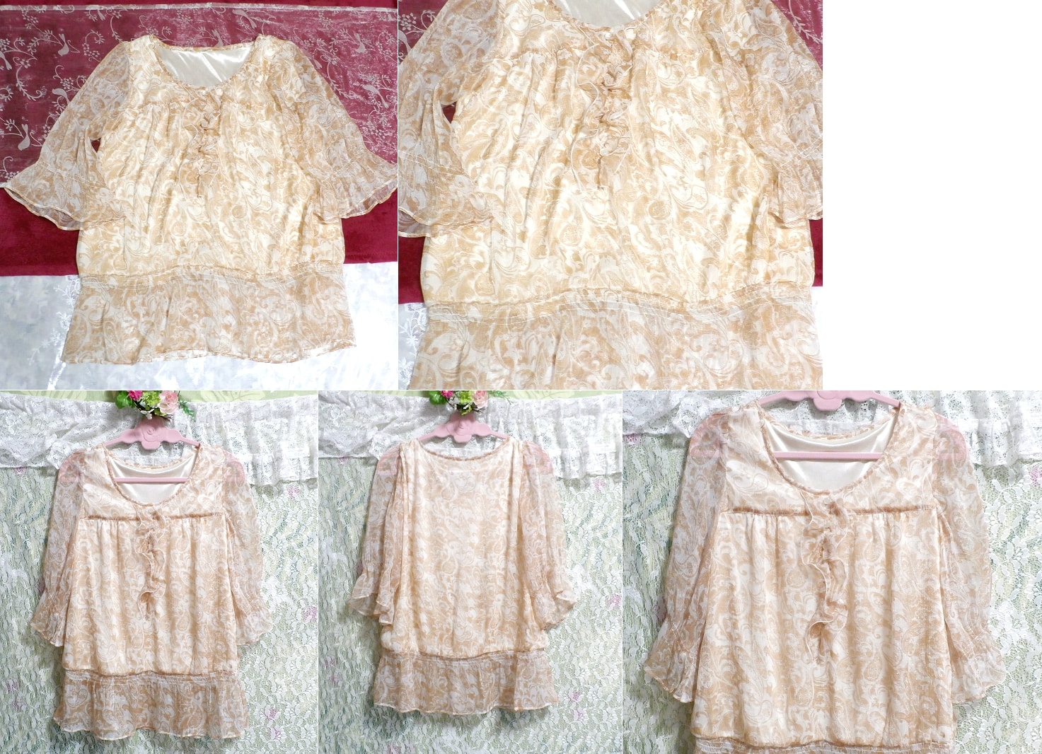 Brown white ethnic pattern chiffon ruffle tunic tops, tunic, long sleeve, m size