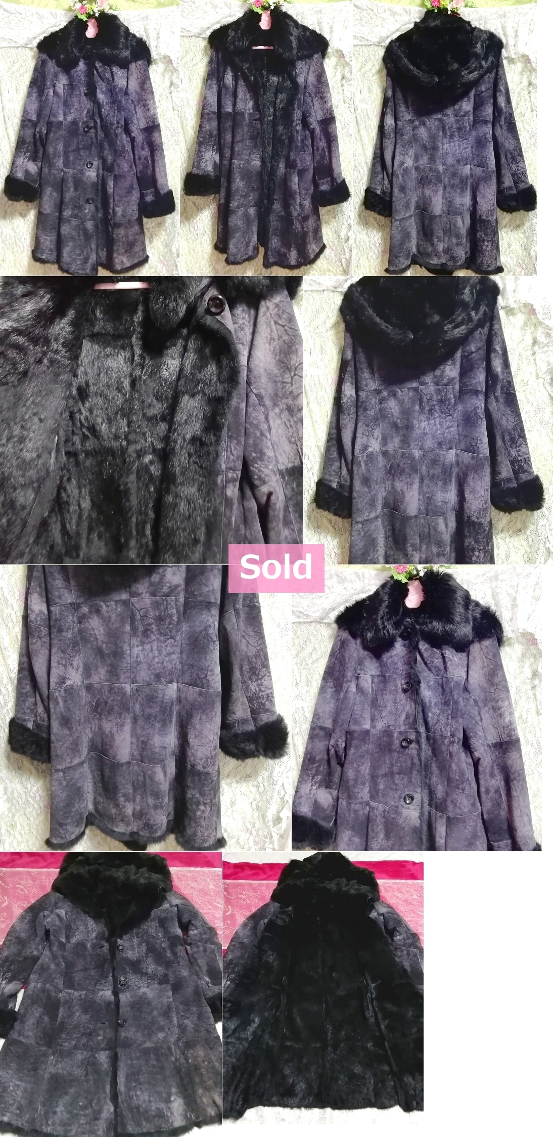 GIPSY ब्लू लक्जरी स्पेन चमड़े काले खरगोश फर लंबे कोट / बाहरी वस्त्र