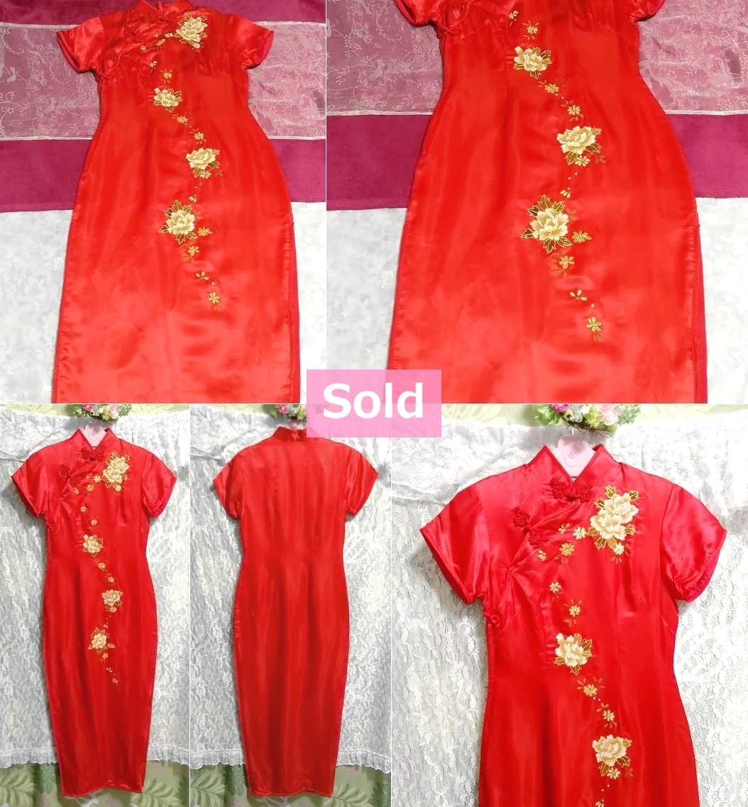 赤レッドサテン光沢マキシワンピースチャイナドレス Red satin glossy maxi onepiece cheongsam china dress