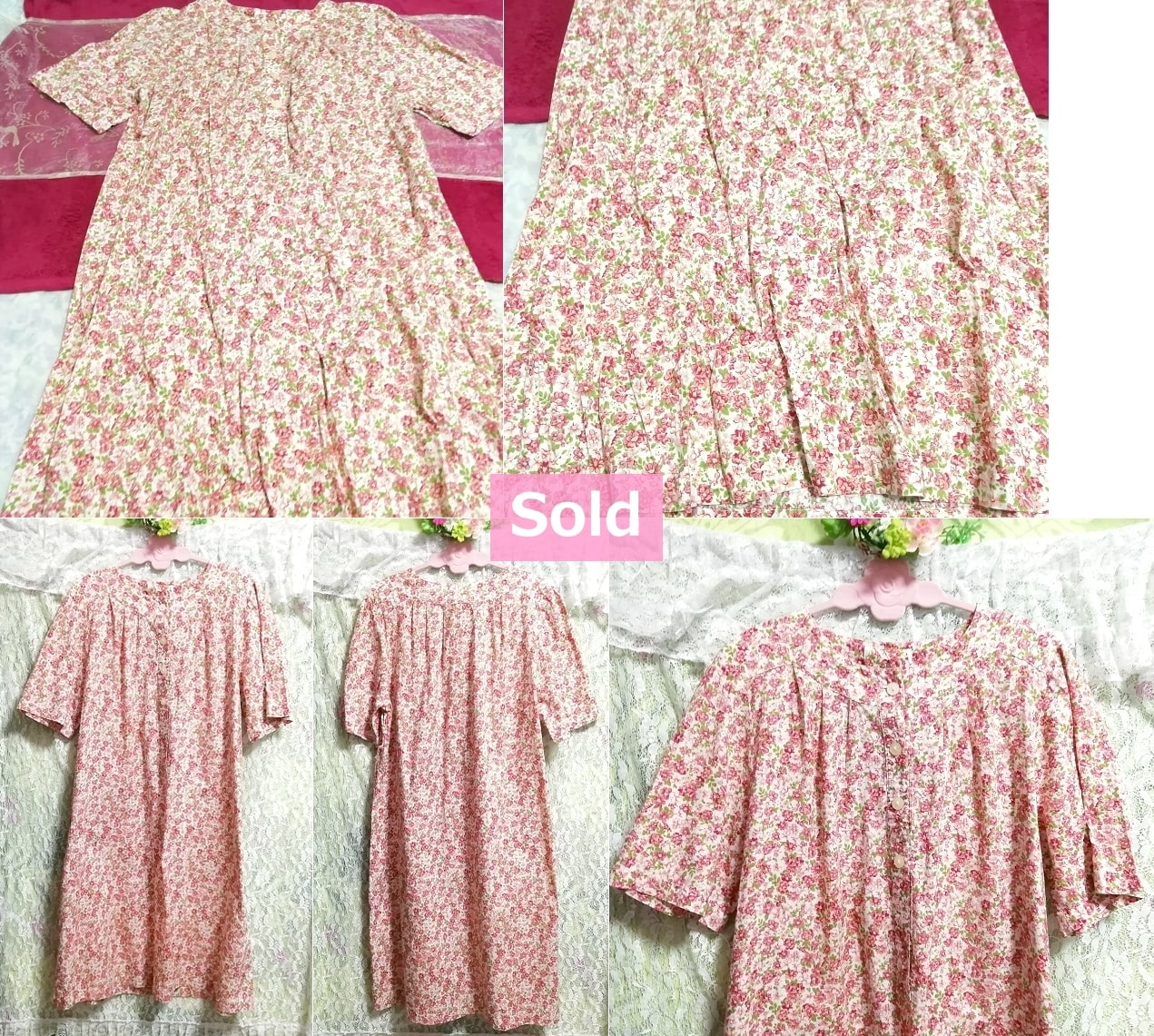 100cm pink red floral 100% cotton short sleeve tunic dress 100cm pink red floral 100% cotton short sleeve tunic one piece, tunic & short sleeve & M size