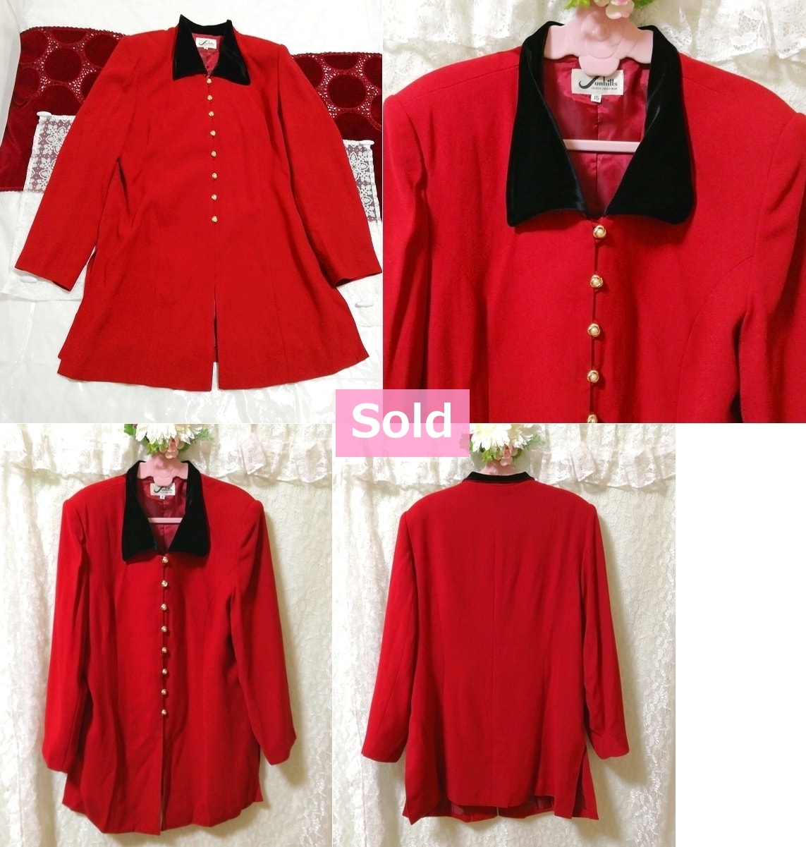红色丝绒黑领 Haori 开襟衫，女装时尚开衫和 M 码