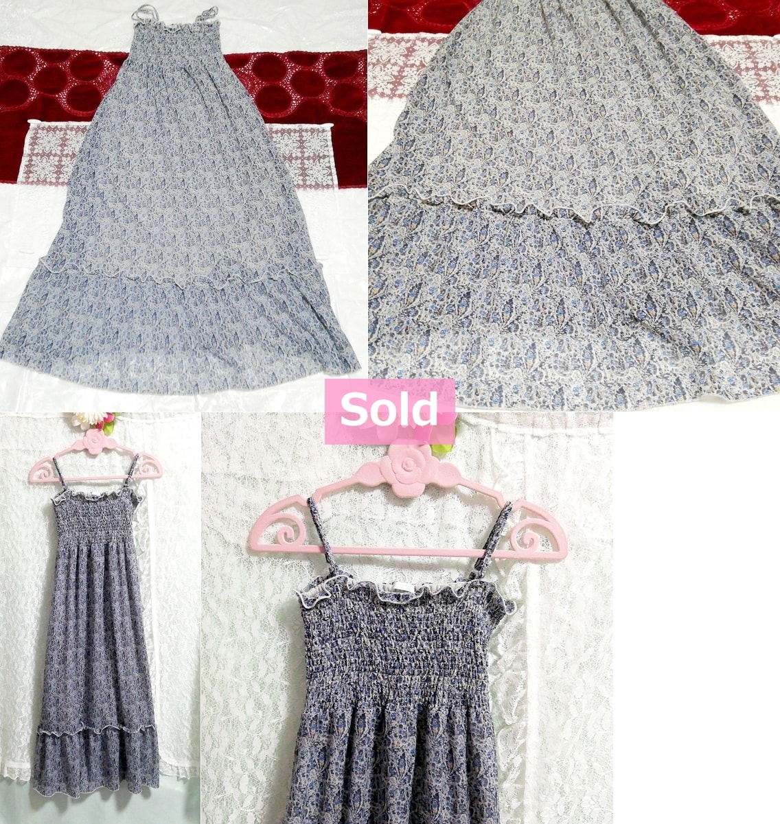 Blue gray ethnic pattern chiffon camisole maxi dress, dress & long skirt & M size