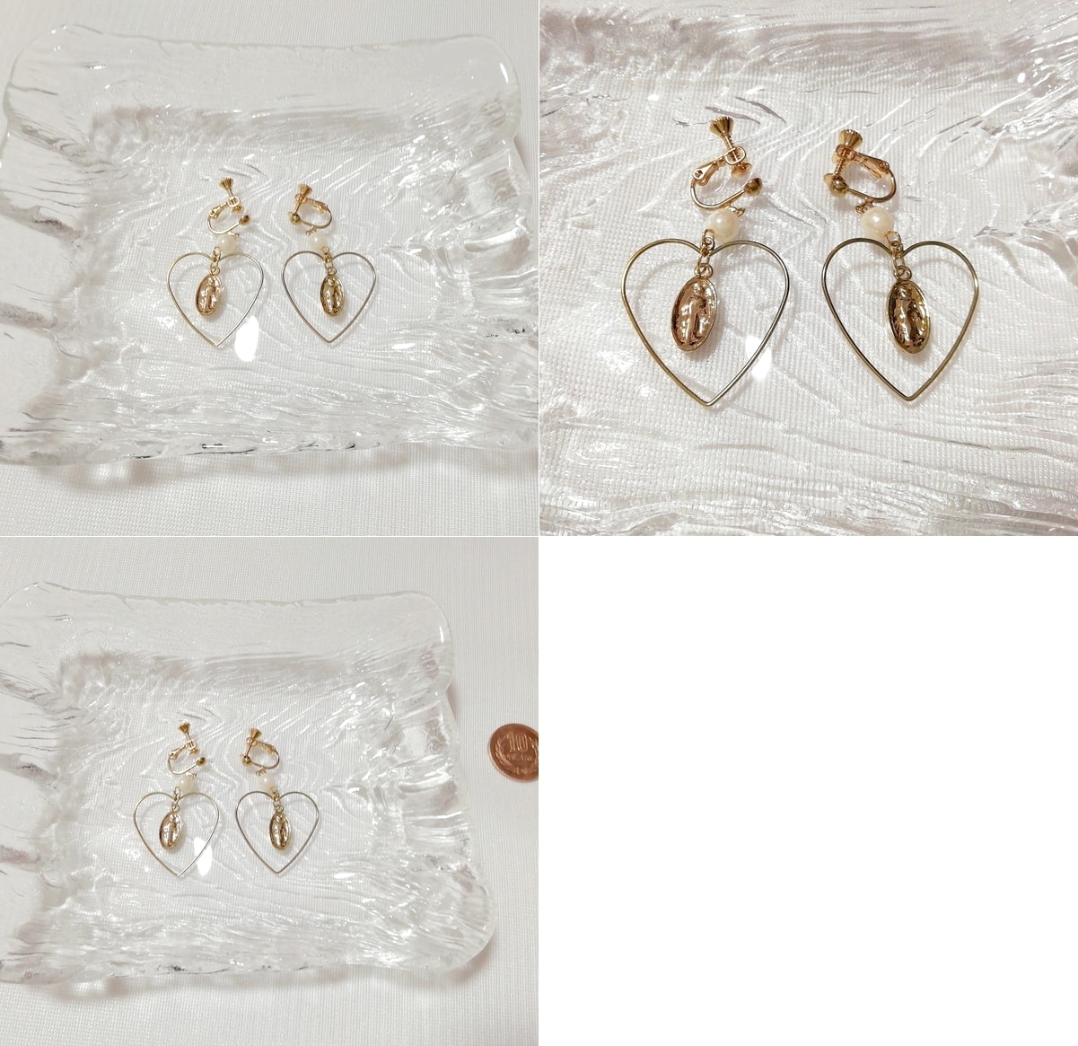 金色ハートワイヤー葉っぱイヤリング/ジュエリー/アクセサリー Golden heart wire leaf earrings jewelry accessories, レディースアクセサリー, イヤリング, その他