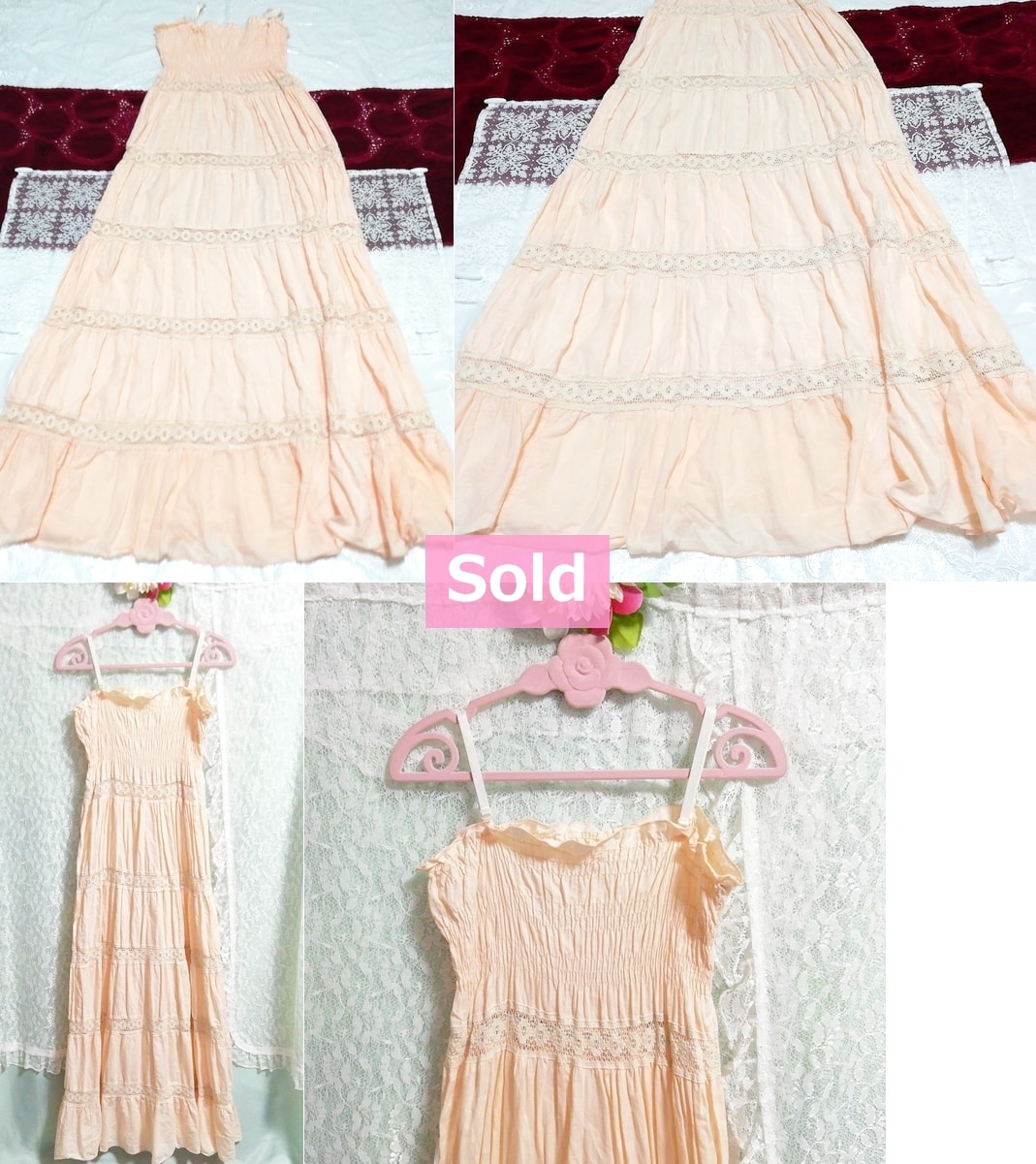 ピンクレースシフォンキャミソールマキシワンピース Pink lace chiffon camisole maxi dress