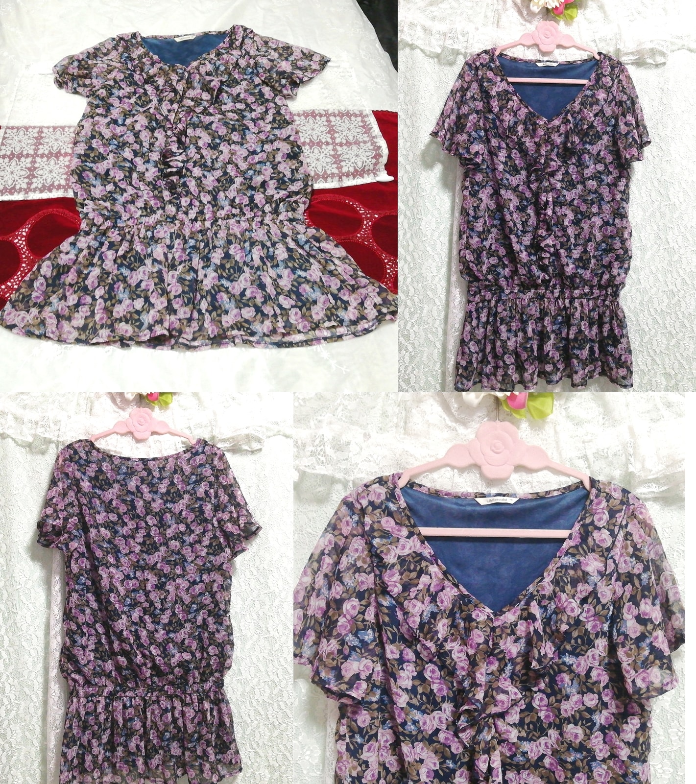Black purple blue floral pattern chiffon negligee nightgown tunic, knee length skirt, m size