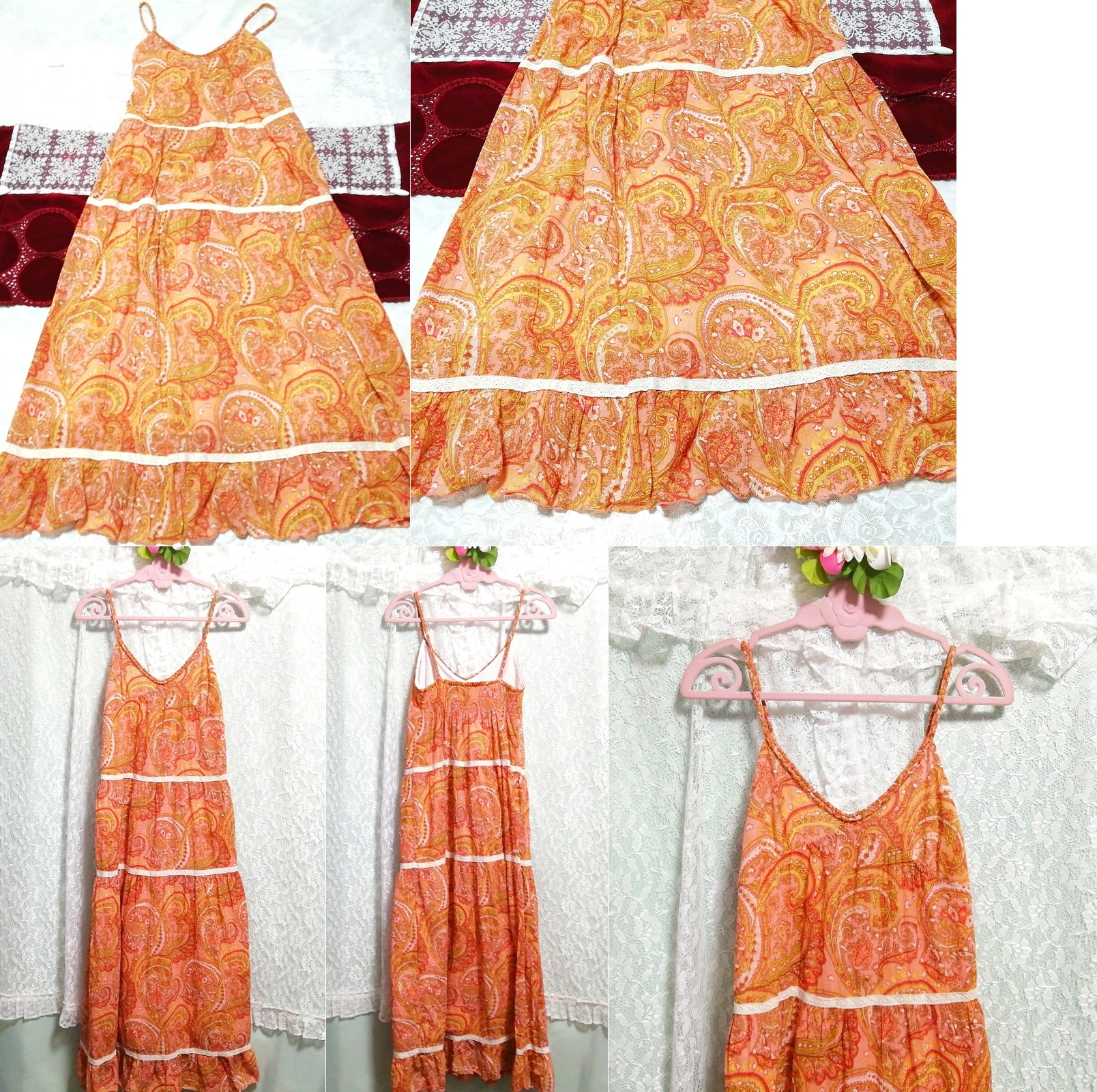 橙色橙色民族图案棉质睡衣吊带背心半身裙超长连衣裙, 长裙