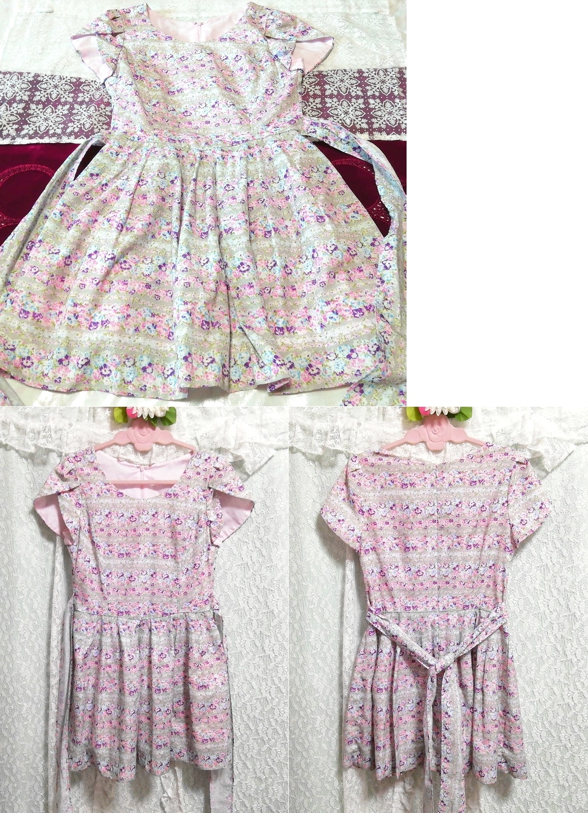 Gray purple pink floral pattern waist ribbon sleeveless tunic negligee nightgown dress, tunic, sleeveless, sleeveless, m size
