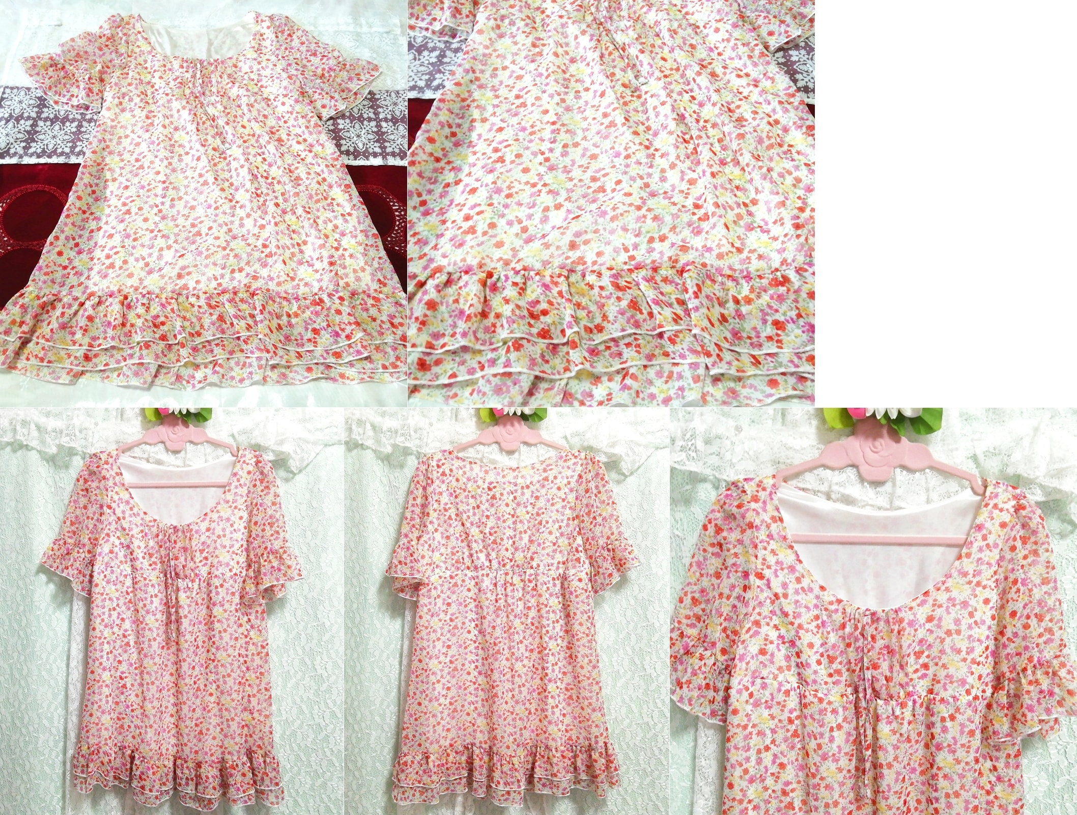 Red floral pattern chiffon short sleeve ruffle tunic negligee nightgown nightwear dress, tunic, short sleeve, l size