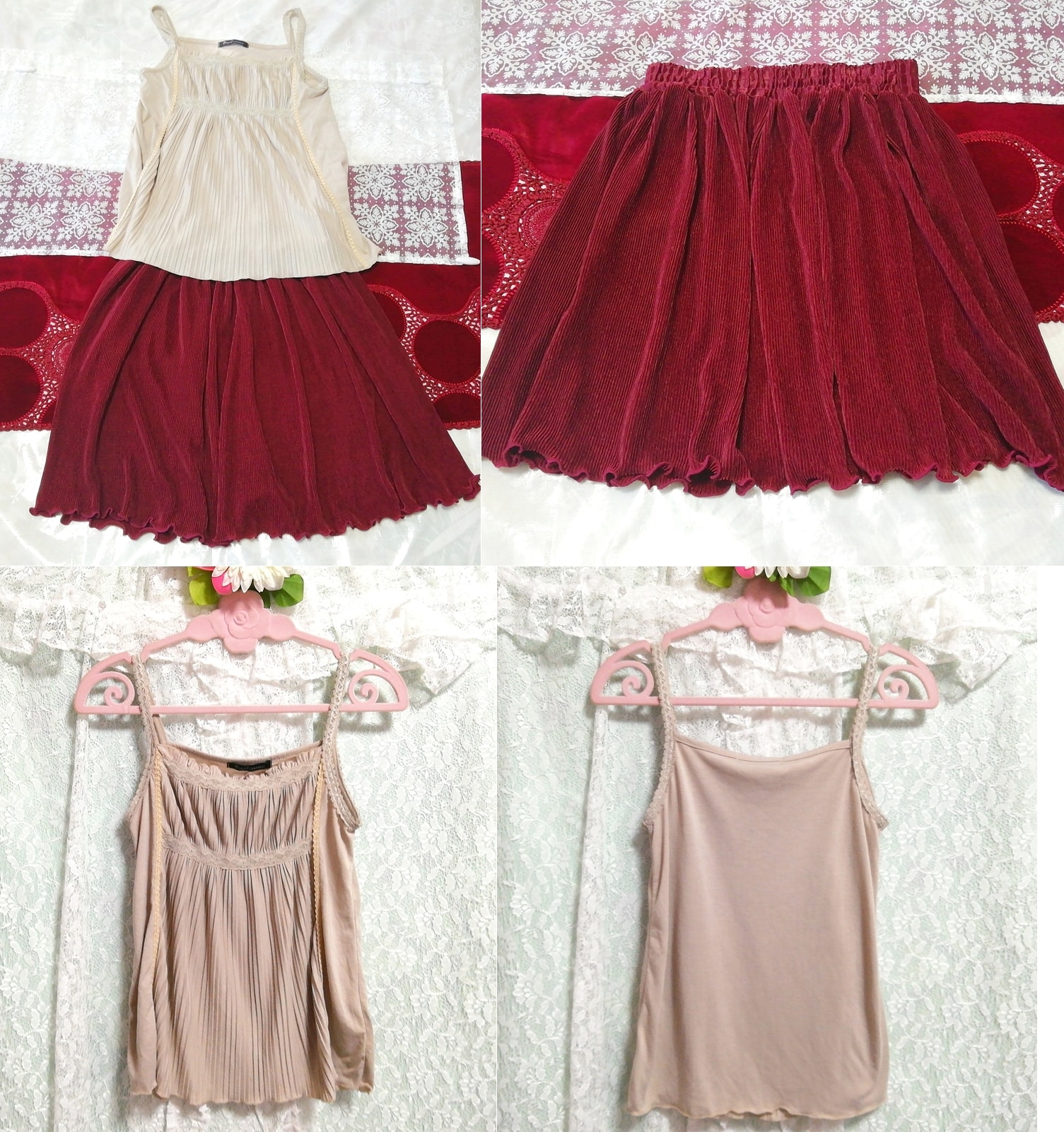 Gray pleated camisole negligee nightgown wine red flare mini skirt 2P, fashion, ladies' fashion, nightwear, pajamas