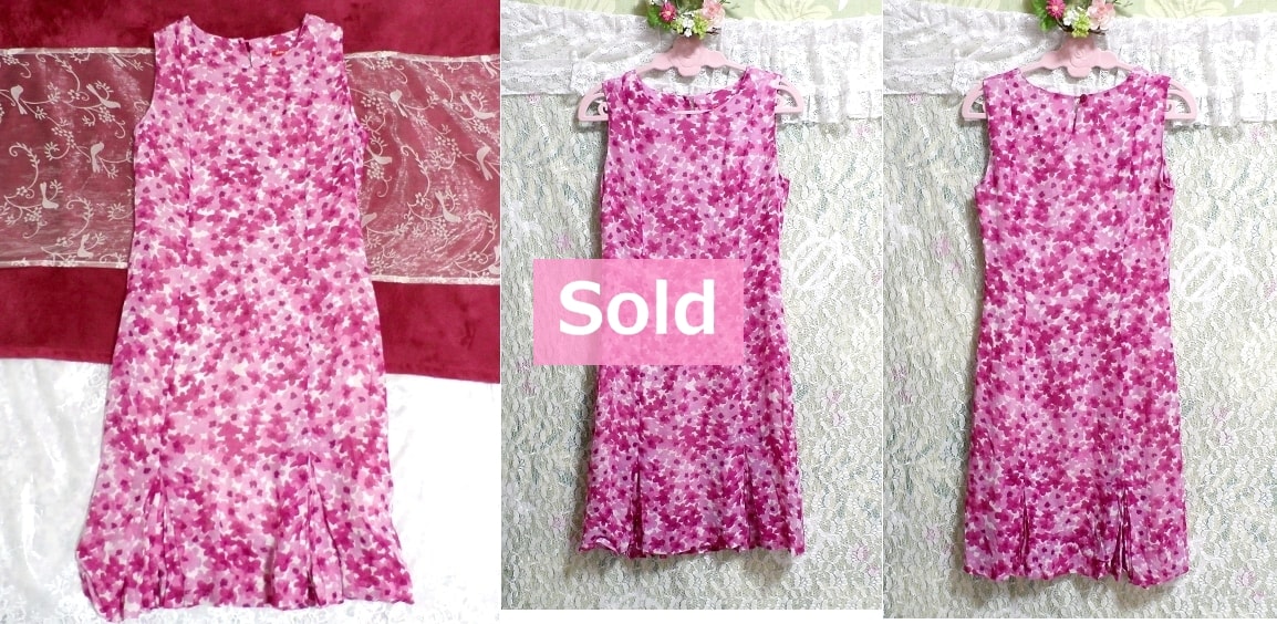 Made in Tunisia 핑크 플라워 패턴 민소매 스커트 원피스, 드레스 & 무릎 길이 스커트 & M 사이즈