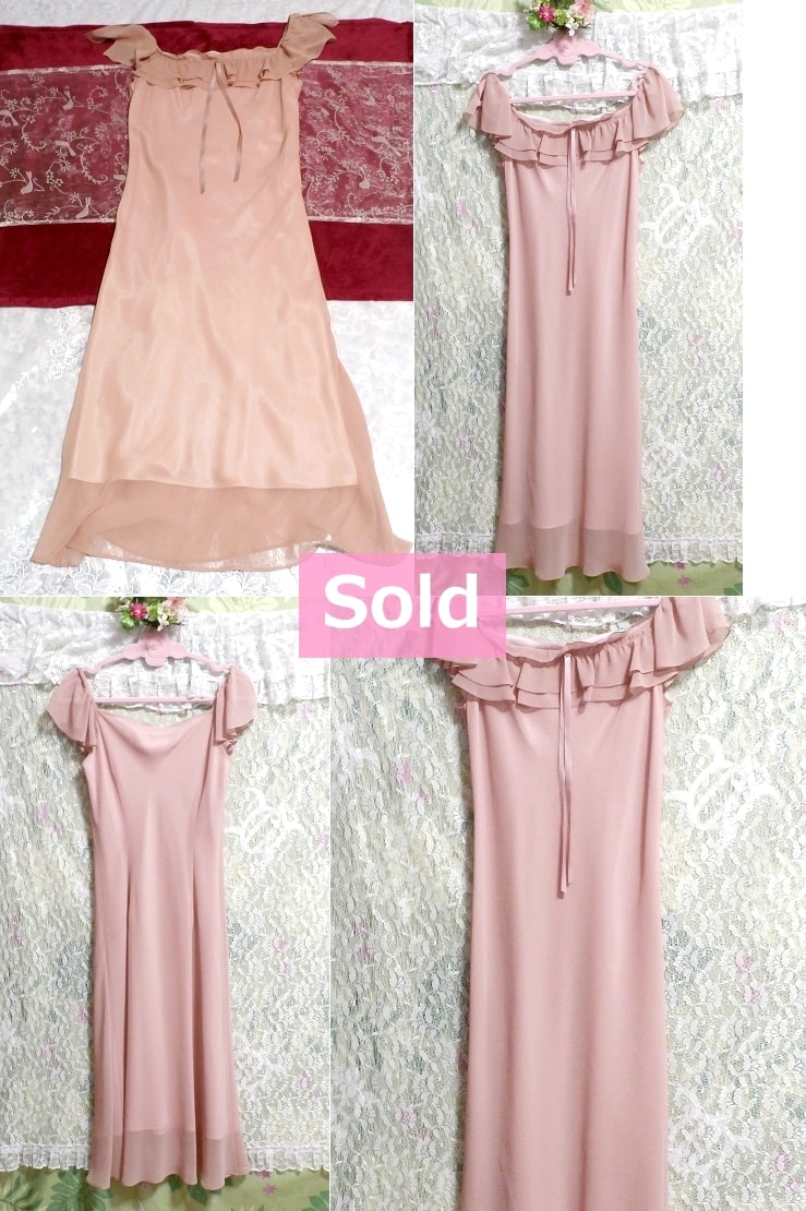 粉色雪纺荷叶边一体连衣裙，连衣裙，长裙和中号
